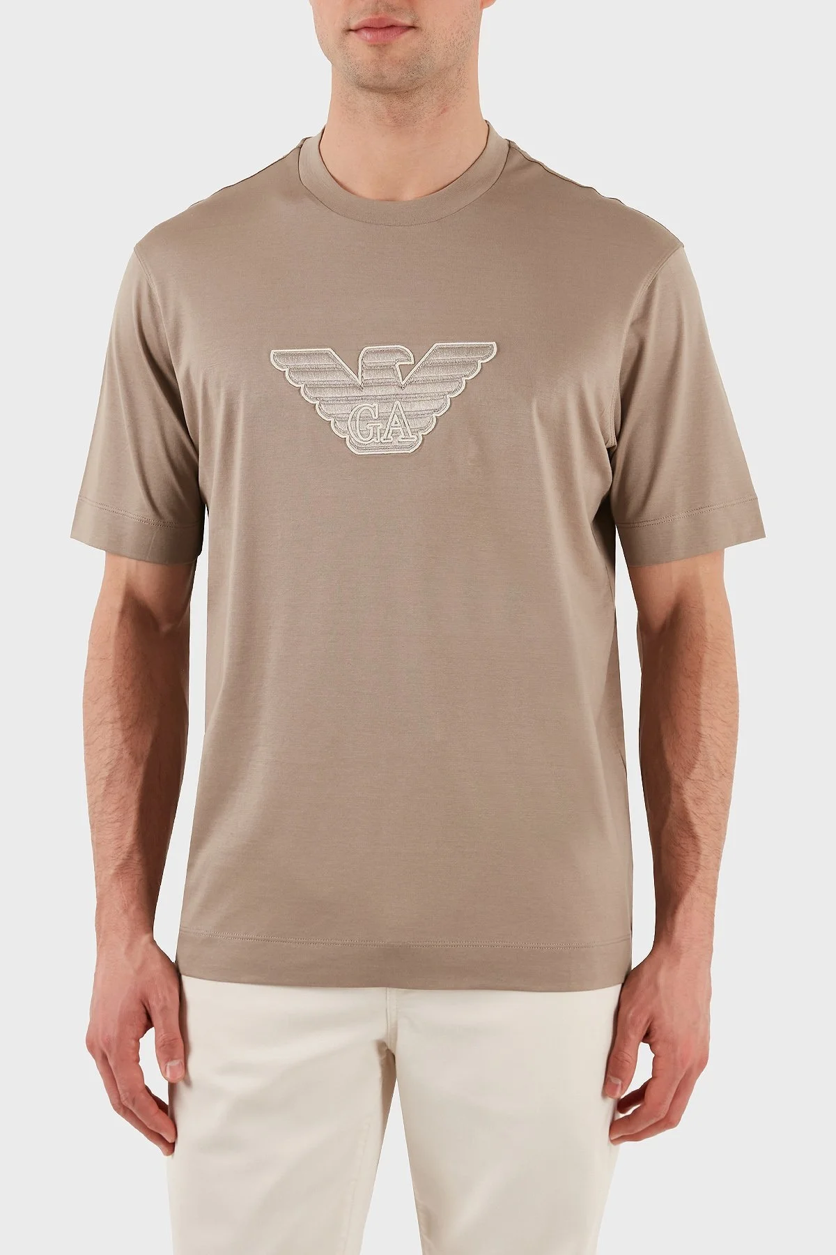 Emporio Armani Logo İşlemeli Regular Fit Pamuklu Bisiklet Yaka Erkek T Shirt EM001033 AF10017 M6116 BEJ - 1