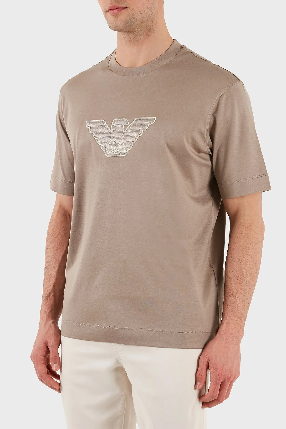 Emporio Armani Logo İşlemeli Regular Fit Pamuklu Bisiklet Yaka Erkek T Shirt EM001033 AF10017 M6116 BEJ - 4