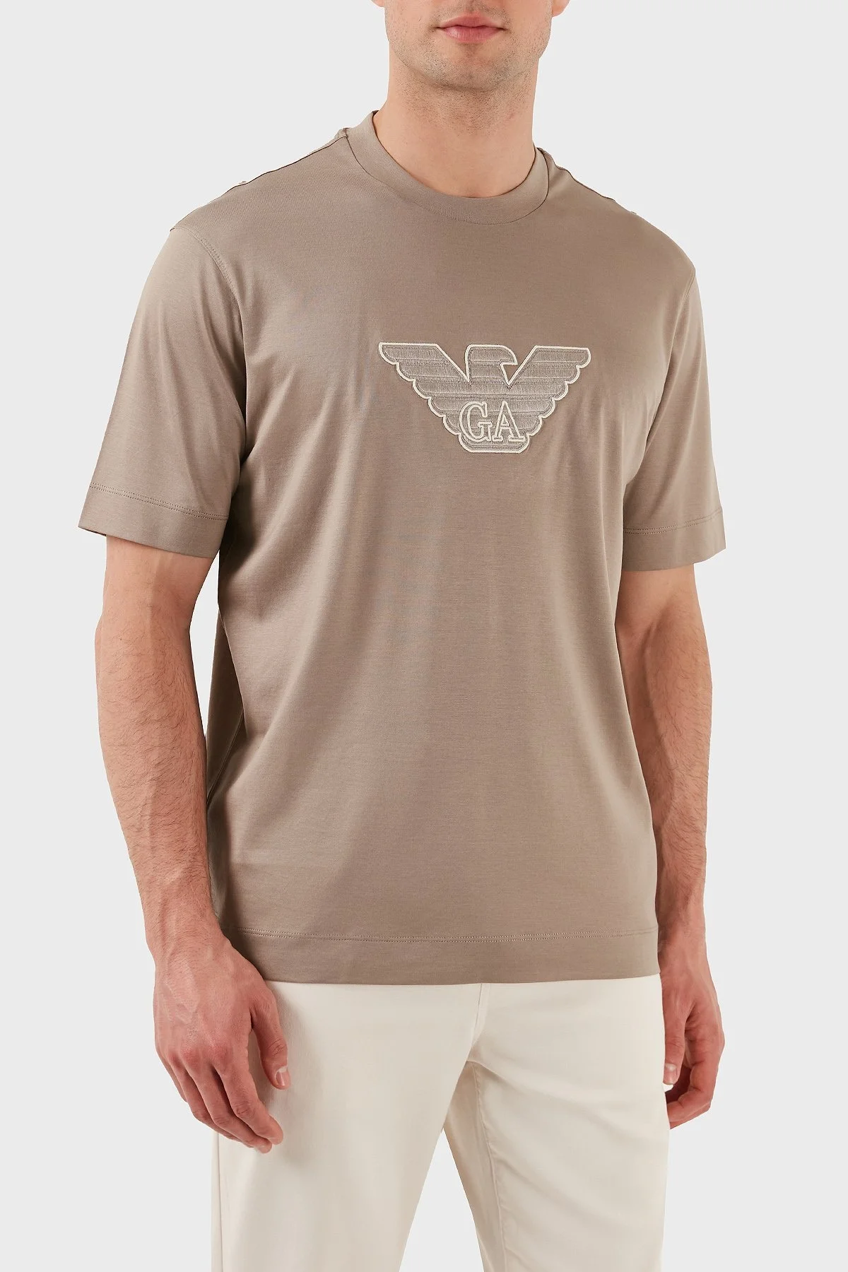 Emporio Armani Logo İşlemeli Regular Fit Pamuklu Bisiklet Yaka Erkek T Shirt EM001033 AF10017 M6116 BEJ - 5