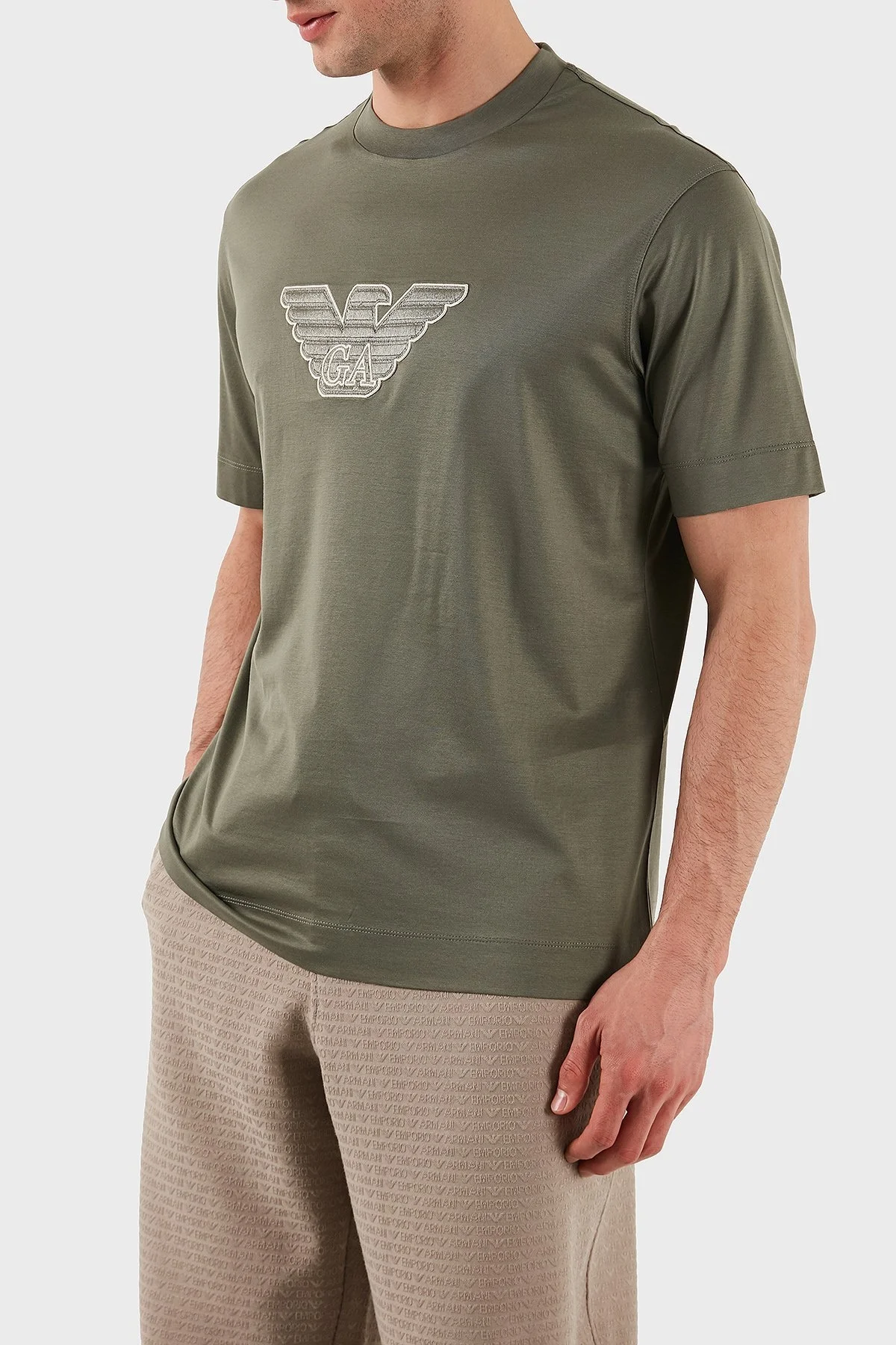 Emporio Armani Logo İşlemeli Regular Fit Pamuklu Bisiklet Yaka Erkek T Shirt EM001033 AF10017 M8129 HAKİ - 5