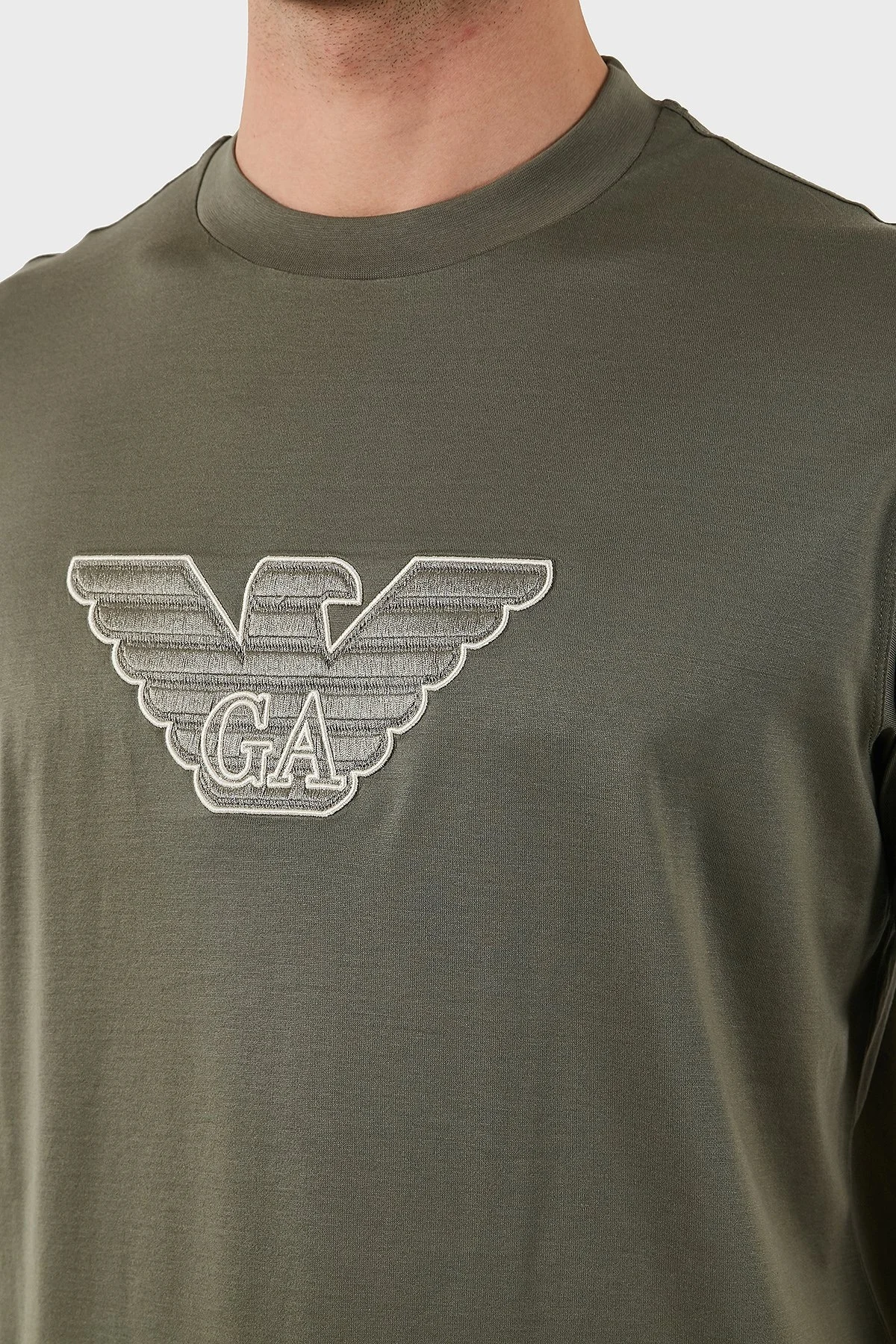 Emporio Armani Logo İşlemeli Regular Fit Pamuklu Bisiklet Yaka Erkek T Shirt EM001033 AF10017 M8129 HAKİ - 6