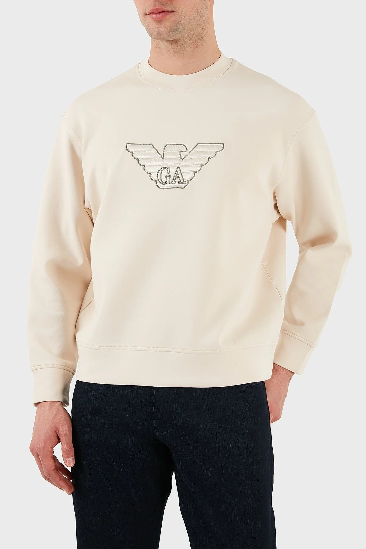 Emporio Armani Logo İşlemeli Streç Pamuklu Regular Fit Bisiklet Yaka Erkek Sweat EM001052 AF10013 M1089 EKRU - 1