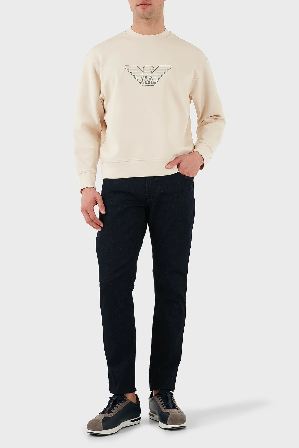 Emporio Armani Logo İşlemeli Streç Pamuklu Regular Fit Bisiklet Yaka Erkek Sweat EM001052 AF10013 M1089 EKRU - 2