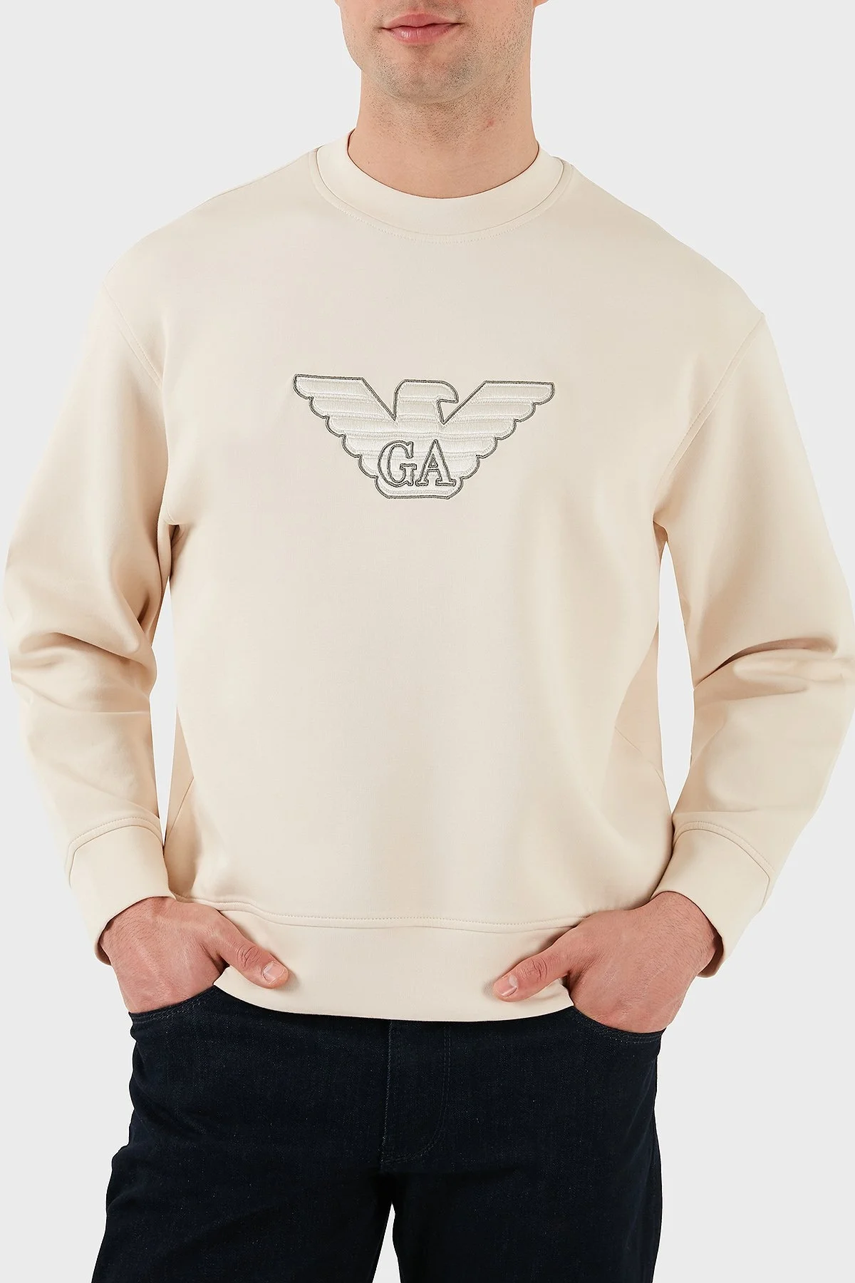 Emporio Armani Logo İşlemeli Streç Pamuklu Regular Fit Bisiklet Yaka Erkek Sweat EM001052 AF10013 M1089 EKRU - 4