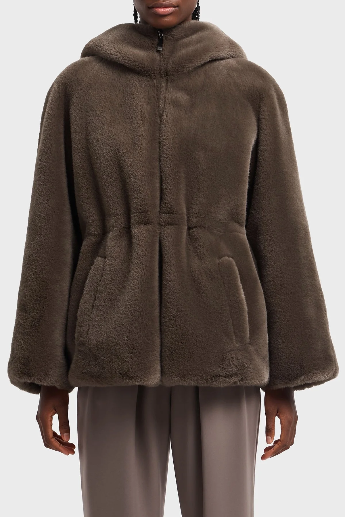 Emporio Armani Logo Nakışlı Çift Taraflı Comfort Fit Suni Kürklü Bayan Kaban EW001467 AF14618 U6125 KAHVE - 1