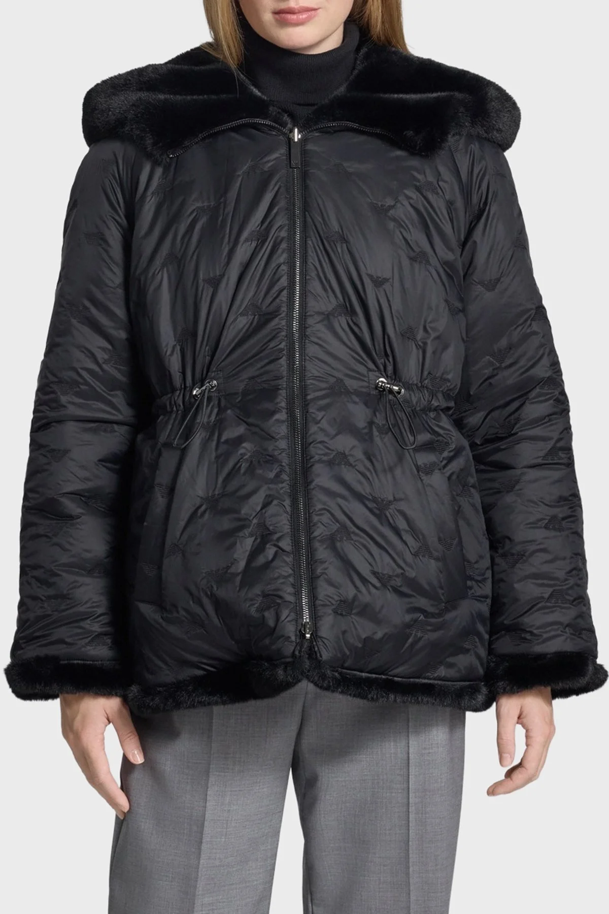 Emporio Armani Logo Nakışlı Çift Taraflı Comfort Fit Suni Kürklü Bayan Kaban EW001467 AF14618 UC001 SİYAH - 3