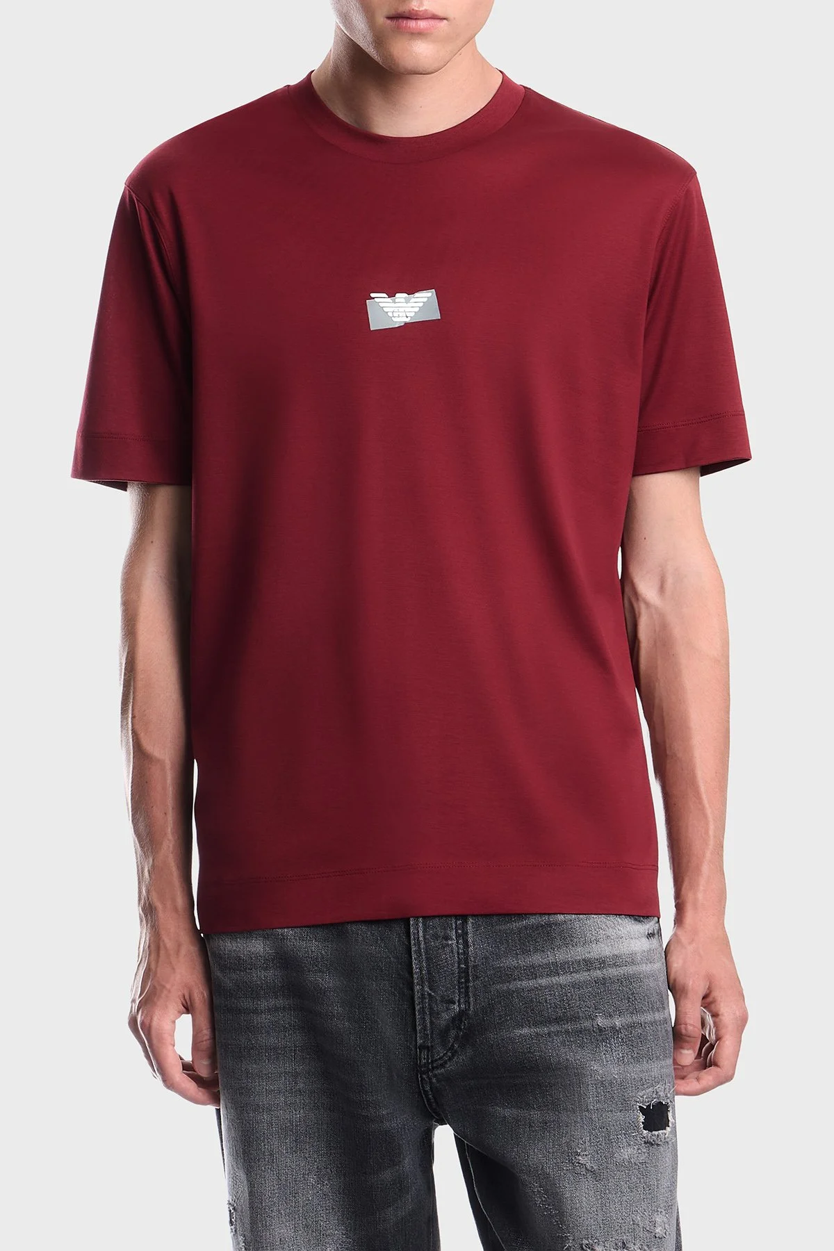 Emporio Armani Logolu % 100 Pamuk Bisiklet Yaka Erkek T Shirt EM007040 AF10017 U5087 Bordo - 1