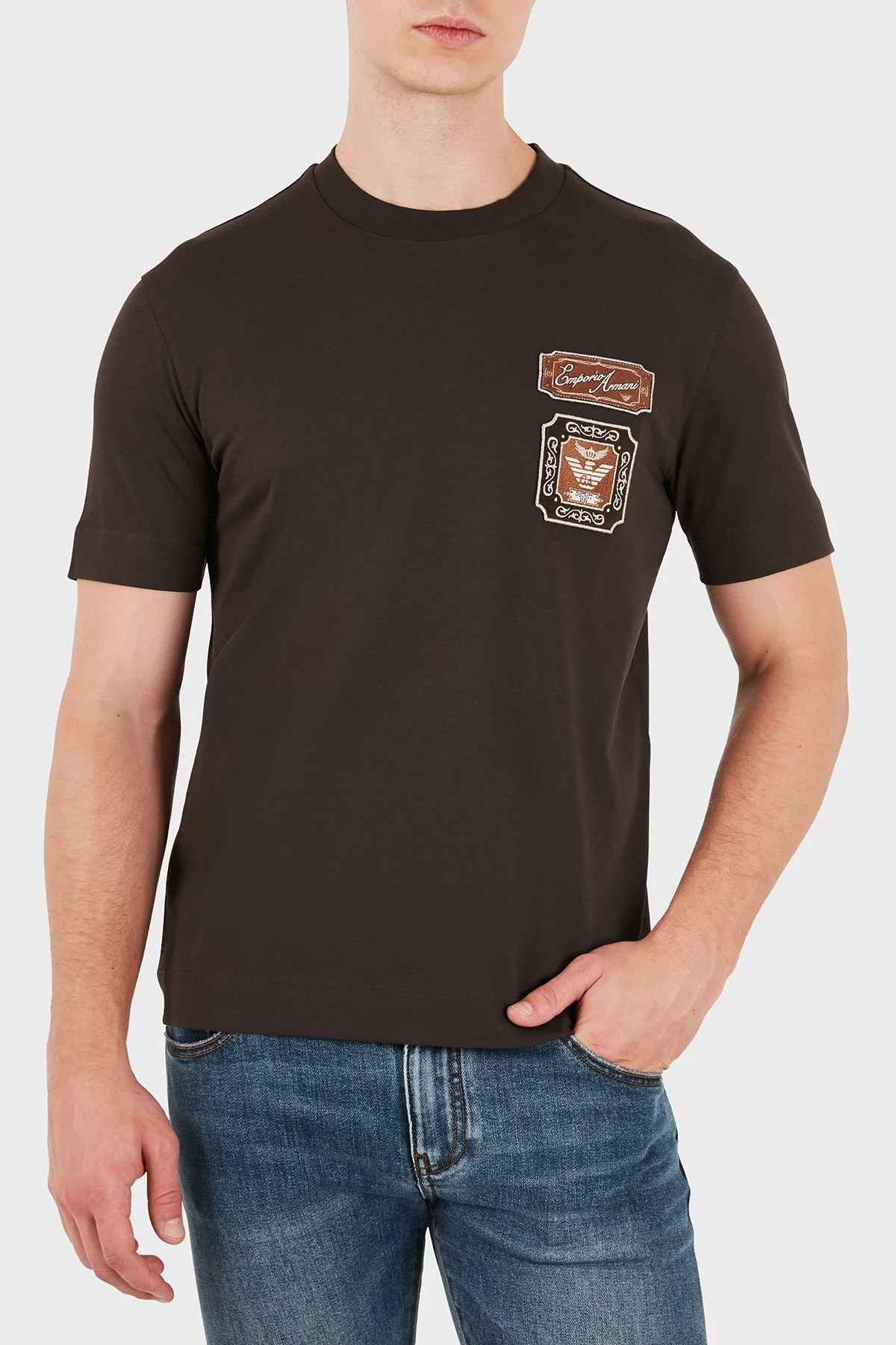 Emporio Armani Logolu % 100 Pamuk Bisiklet Yaka Erkek T Shirt EM007320 AF13715 U6030 Koyu kahve - 3