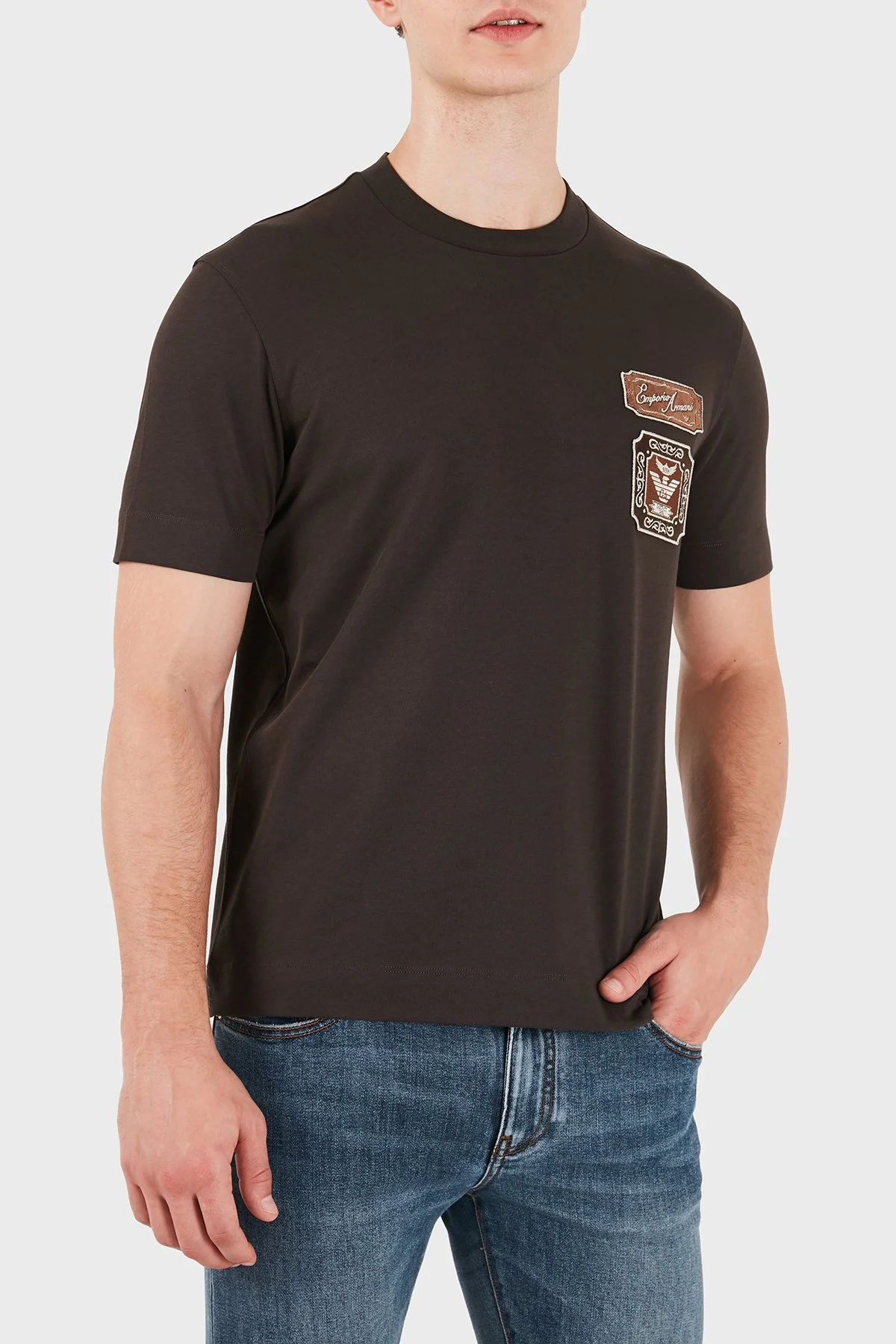 Emporio Armani Logolu % 100 Pamuk Bisiklet Yaka Erkek T Shirt EM007320 AF13715 U6030 Koyu kahve - 4