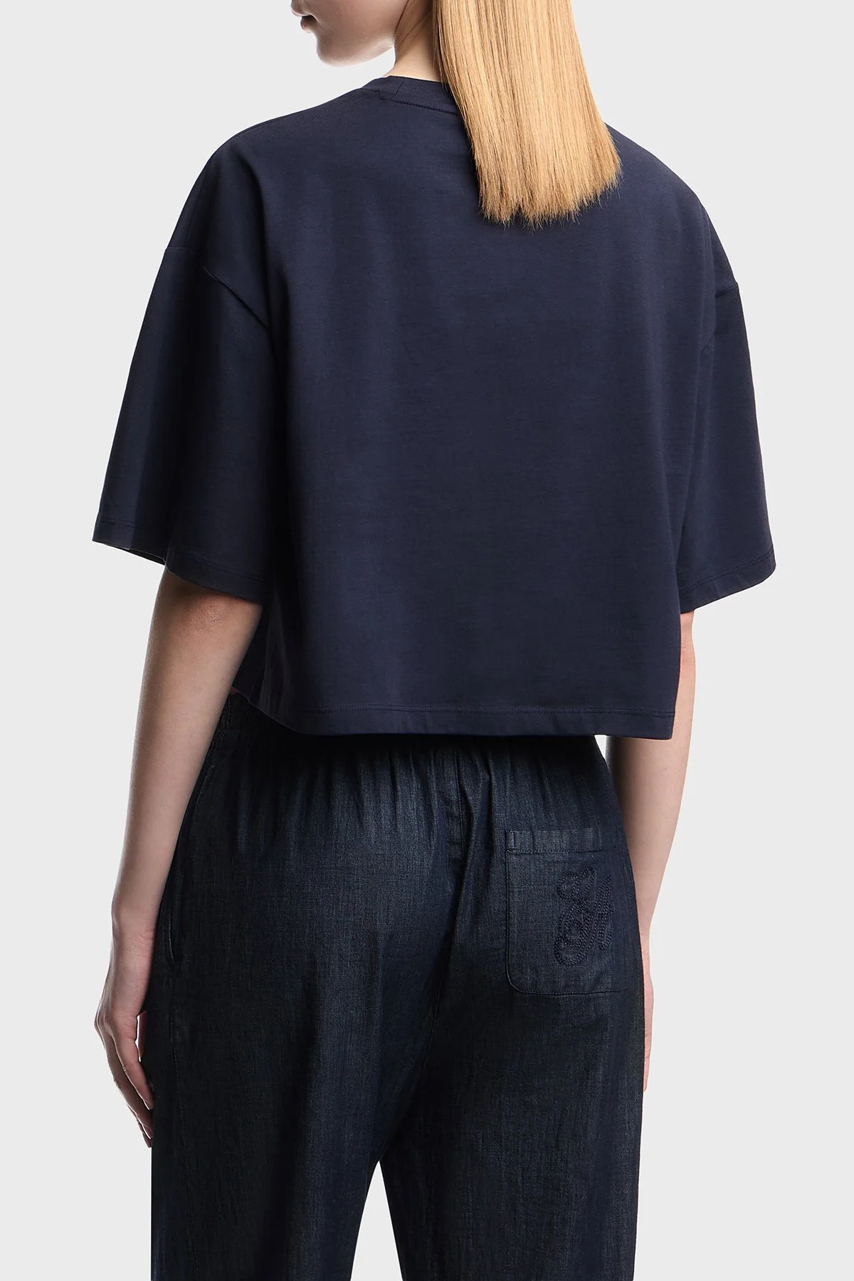 Emporio Armani Logolu % 100 Pamuk Cropped Fit Bisiklet Yaka Kadın T Shirt EW004388 AF12597 UB115 LACİVERT - 3