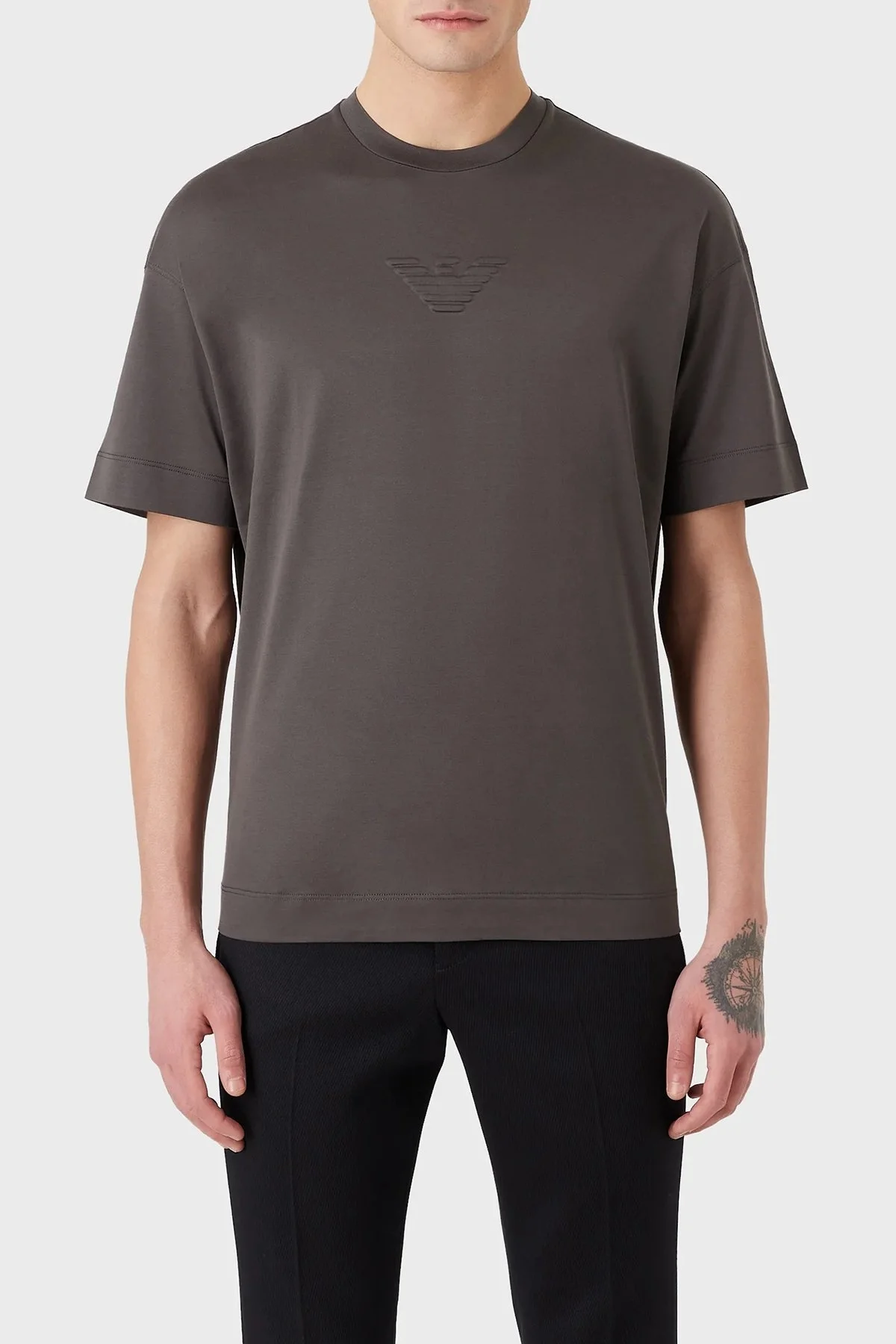 Emporio Armani Logolu % 100 Pamuk Regular Fit Bisiklet Yaka Erkek T Shirt 6L1TG5 1JSAZ 0651 ANTRASİT - 1