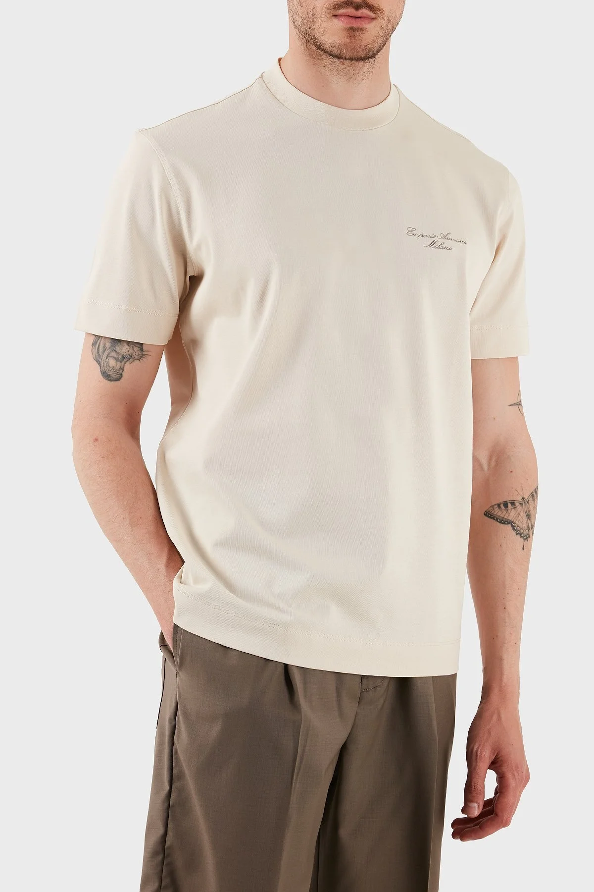 Emporio Armani Logolu % 100 PAmuk Regular Fit Bisiklet Yaka Erkek T Shirt EM002660 AF13715 U1088 EKRU - 8