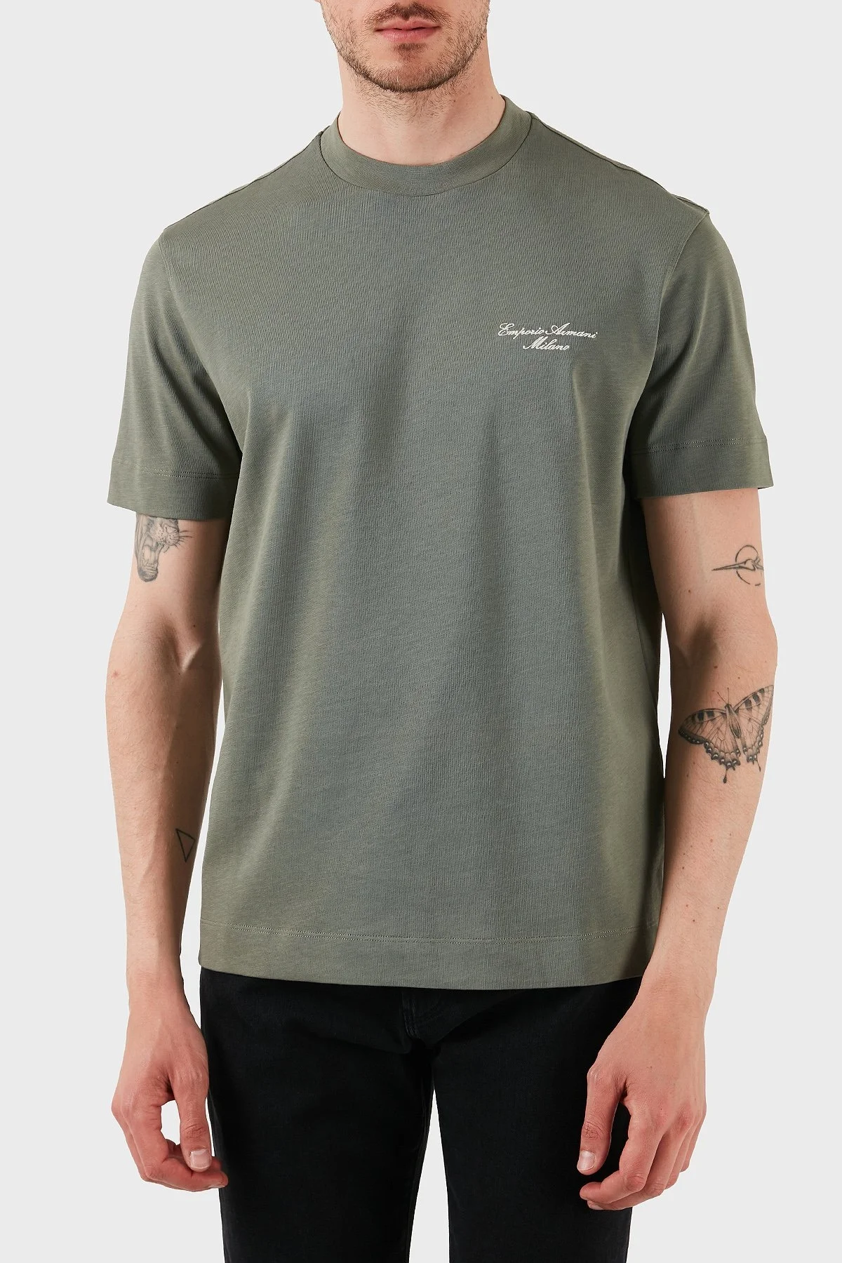 Emporio Armani Logolu % 100 Pamuk Regular Fit Bisiklet Yaka Erkek T Shirt EM002660 AF13715 U8142 HAKİ - 1