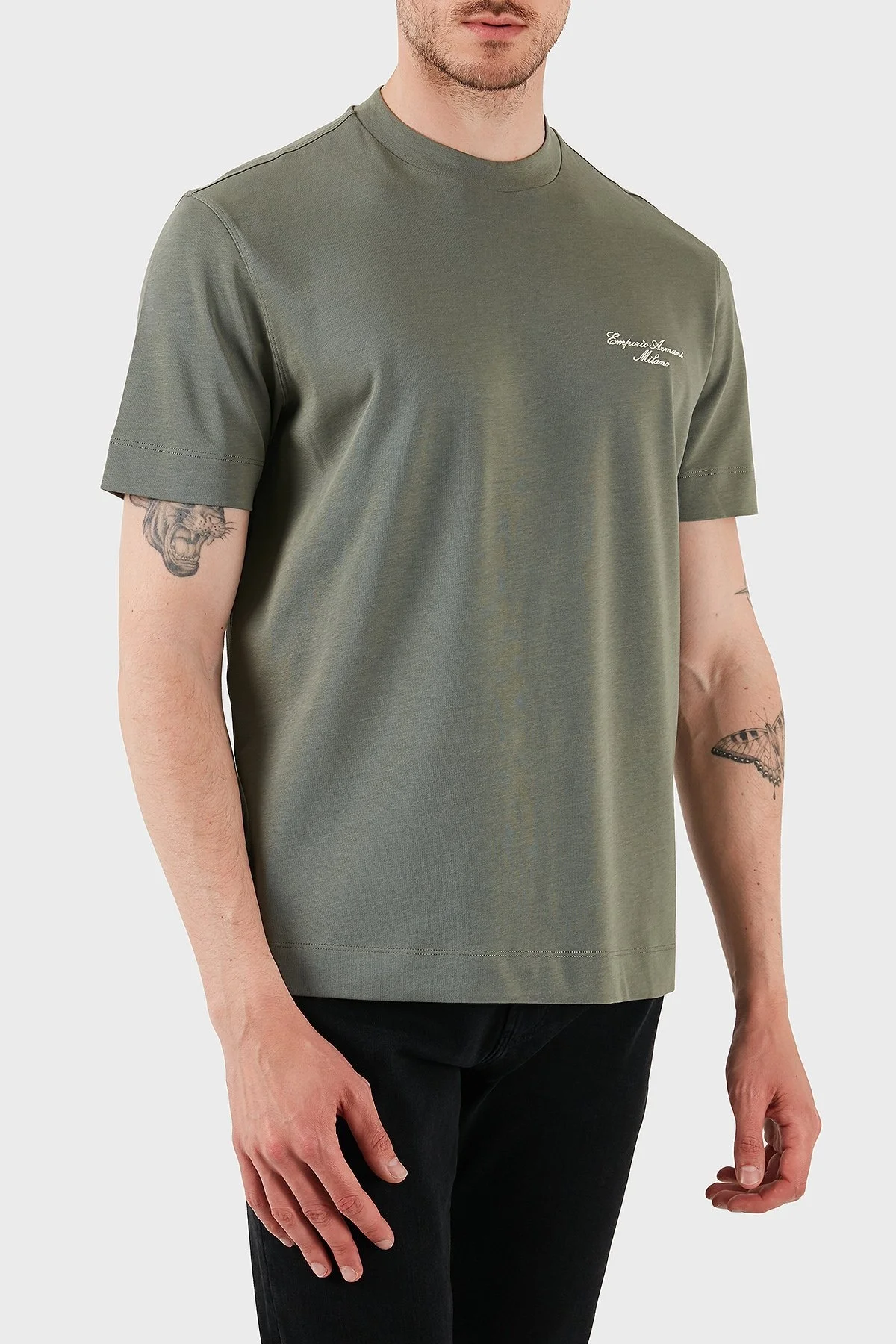 Emporio Armani Logolu % 100 Pamuk Regular Fit Bisiklet Yaka Erkek T Shirt EM002660 AF13715 U8142 HAKİ - 3