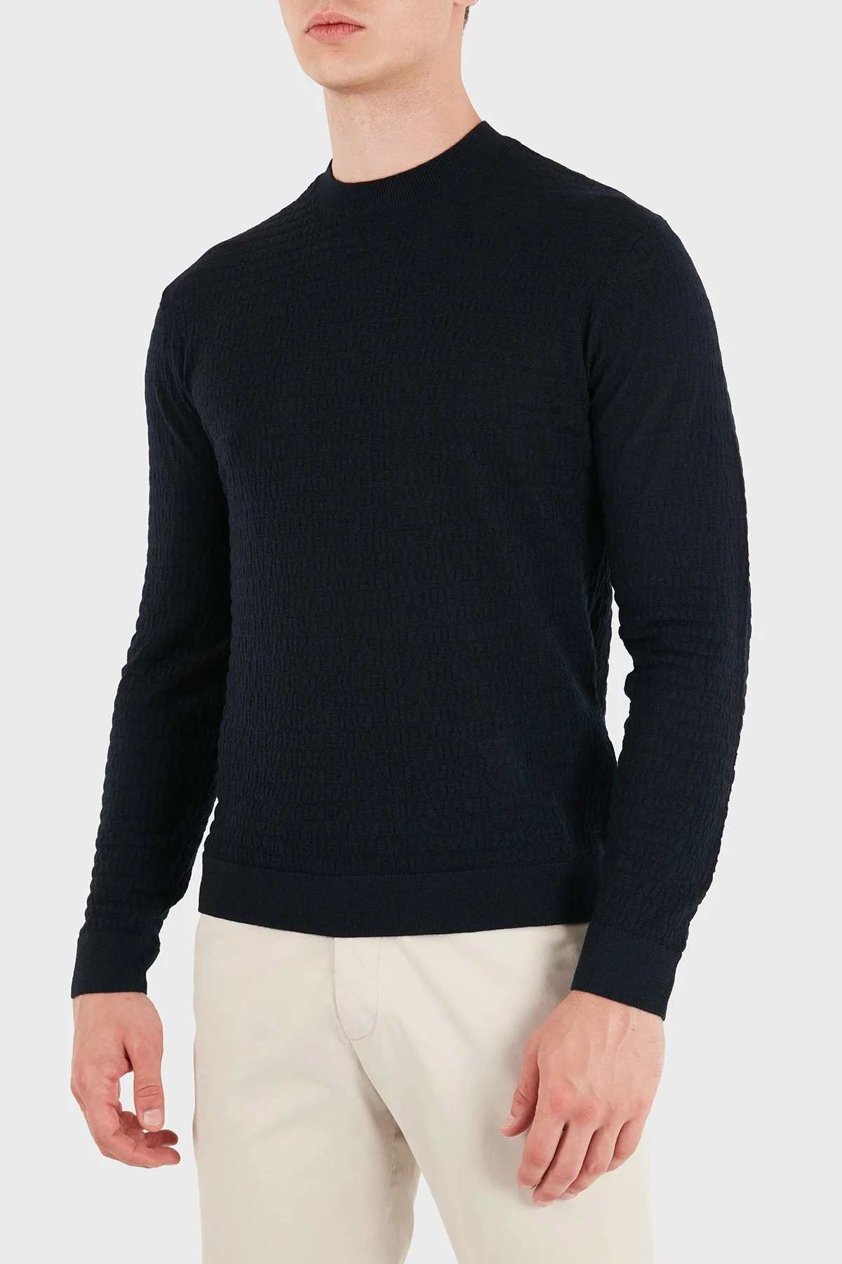 Emporio Armani Logolu % 100 Yün Bisiklet Yaka Erkek Kazak EM004378 AF24416 UB118 Lacivert - 1