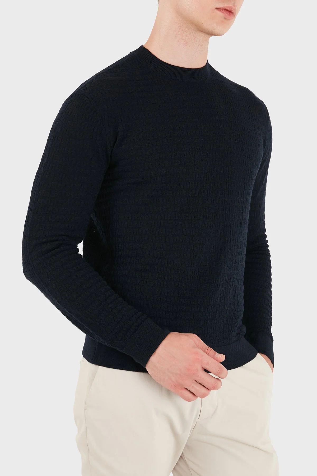 Emporio Armani Logolu % 100 Yün Bisiklet Yaka Erkek Kazak EM004378 AF24416 UB118 Lacivert - 3