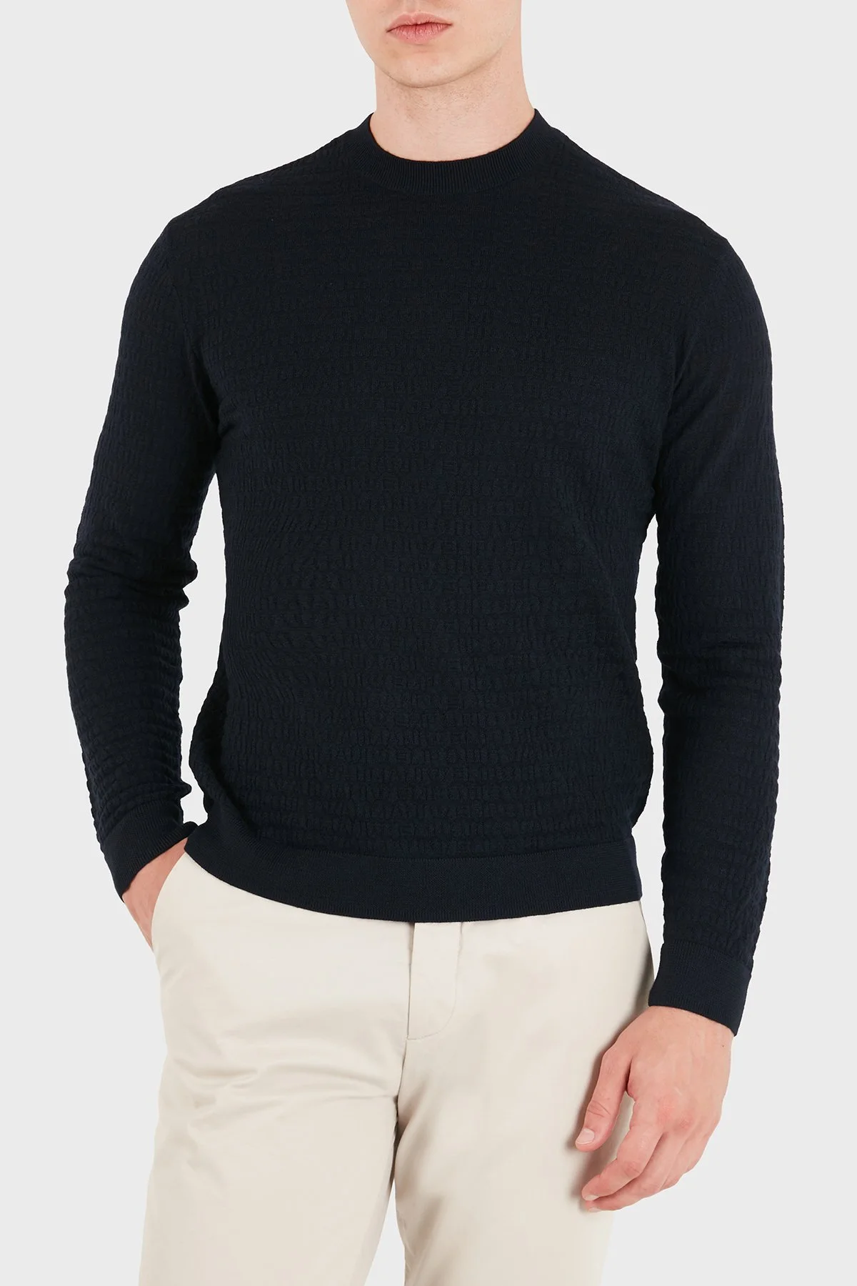 Emporio Armani Logolu % 100 Yün Bisiklet Yaka Erkek Kazak EM004378 AF24416 UB118 Lacivert - 4