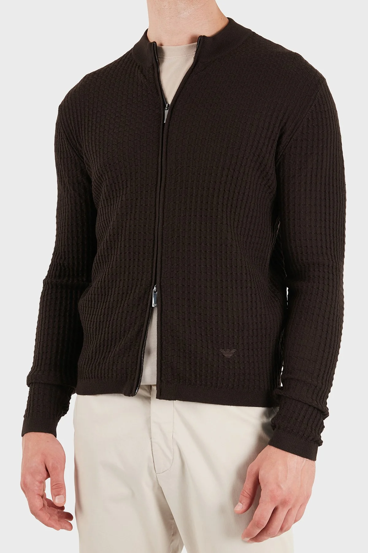 Emporio Armani Logolu % 100 Yün Regular Fit Bisiklet Yaka Erkek Hırka EM006315 AF27831 F6017 Koyu kahve - 1