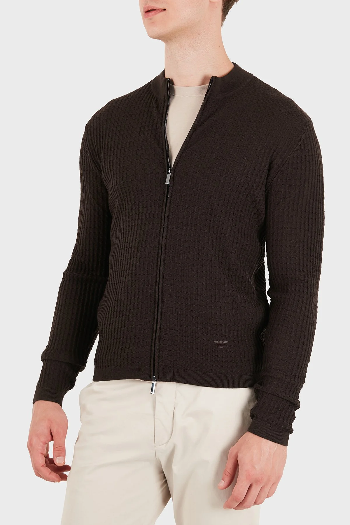 Emporio Armani Logolu % 100 Yün Regular Fit Bisiklet Yaka Erkek Hırka EM006315 AF27831 F6017 Koyu kahve - 4