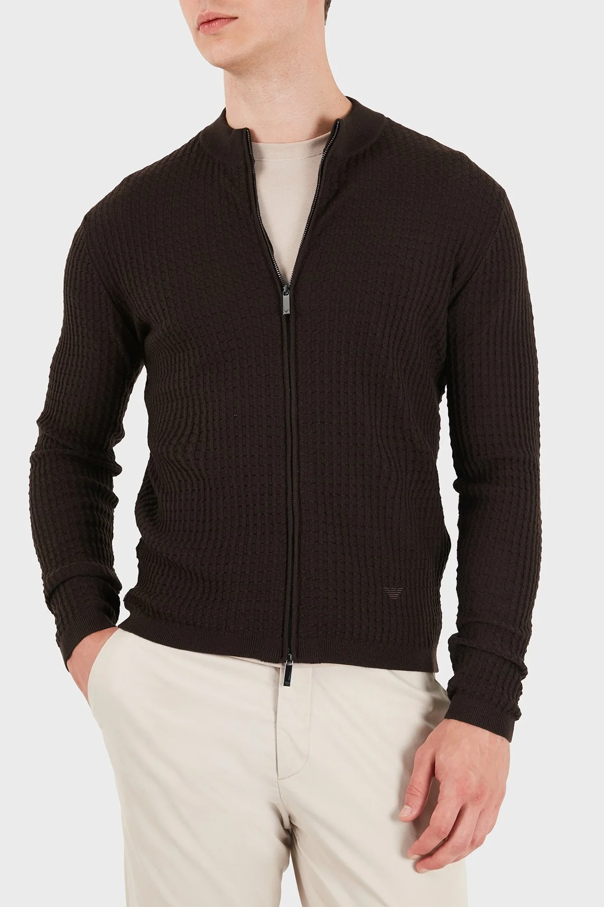 Emporio Armani Logolu % 100 Yün Regular Fit Bisiklet Yaka Erkek Hırka EM006315 AF27831 F6017 Koyu kahve - 6