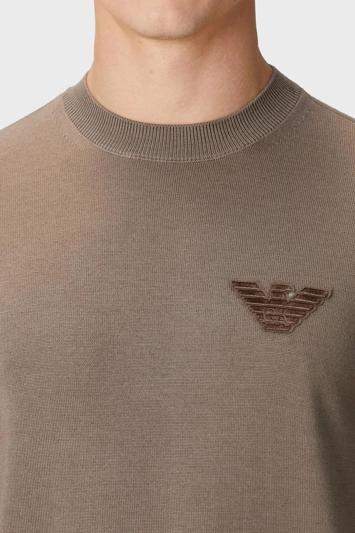 Emporio Armani Logolu % 100 Yün Regular Fit Bisiklet Yaka Erkek Kazak EM002419 AF14158 U6189 KAHVE - 4