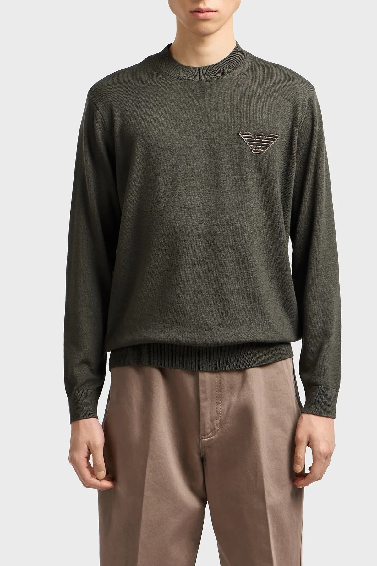 Emporio Armani Logolu % 100 Yün Regular Fit Bisiklet Yaka Erkek Kazak EM002419 AF14158 U8120 HAKİ - 1