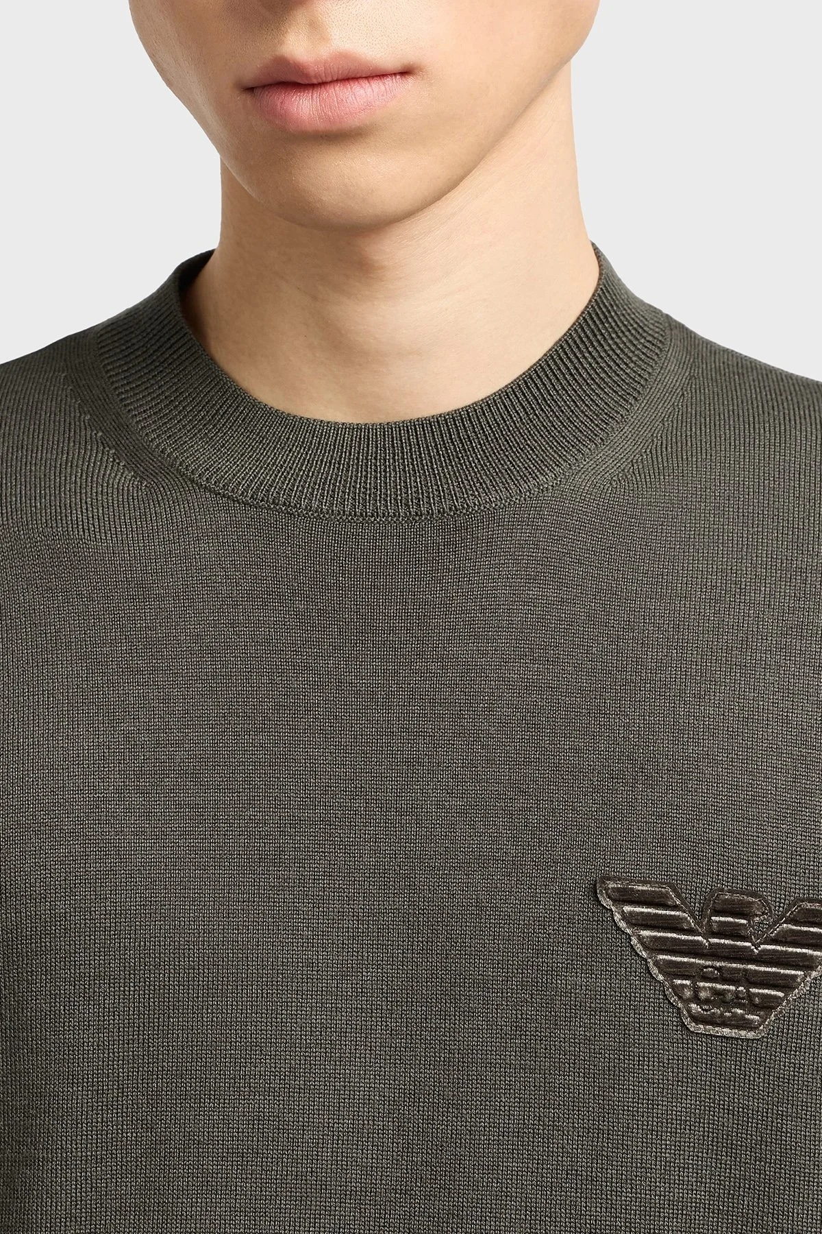 Emporio Armani Logolu % 100 Yün Regular Fit Bisiklet Yaka Erkek Kazak EM002419 AF14158 U8120 HAKİ - 3