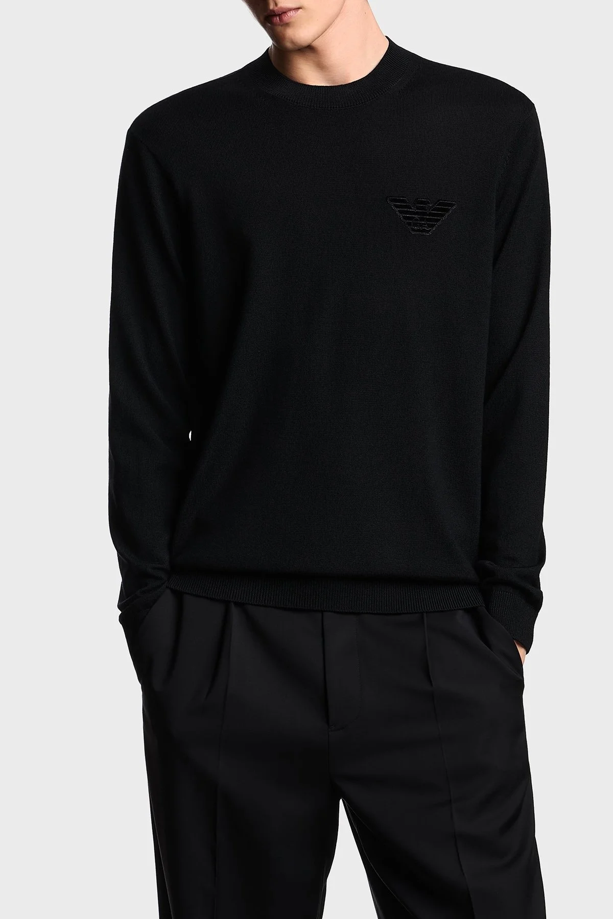 Emporio Armani Logolu % 100 Yün Regular Fit Bisiklet Yaka Erkek Kazak EM002419 AF14158 UC001 SİYAH - 1