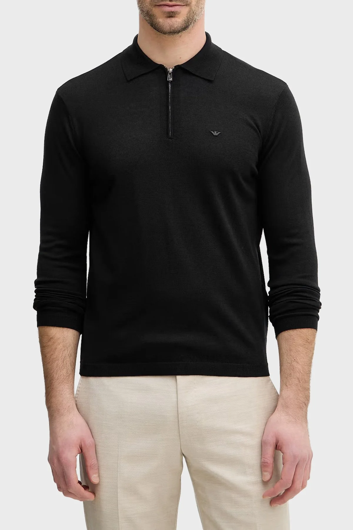 Emporio Armani Logolu % 100 Yün Yarım Fermuarlı Erkek Polo EM004381 AF23421 UC001 Siyah - 1
