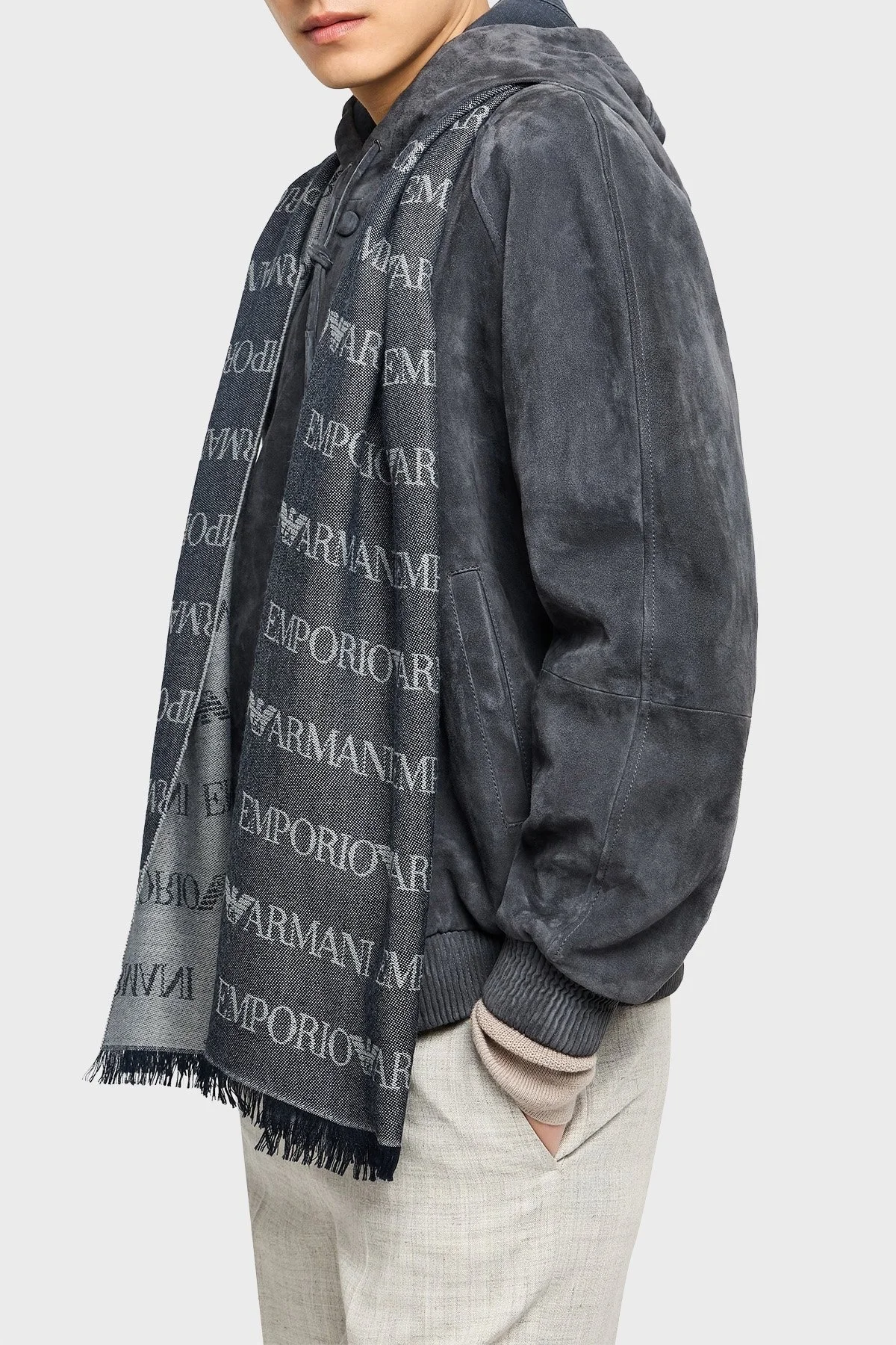 Emporio Armani Logolu 43 x 183 cm % 100 Yün Erkek Şal EM004238 AF21541 FB018 LACİVERT - 2