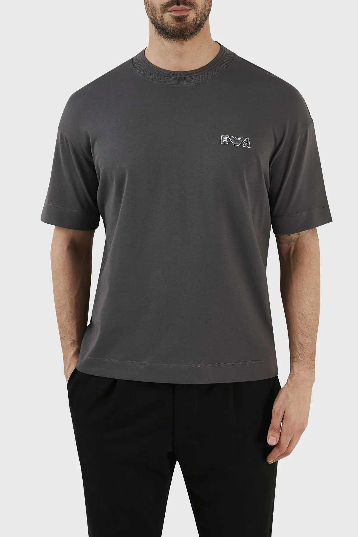 Emporio Armani Logolu Bisiklet Yaka % 100 Pamuk Regular Fit Erkek T Shirt 3R1TT5 1JWZZ 0651 GRİ - 1