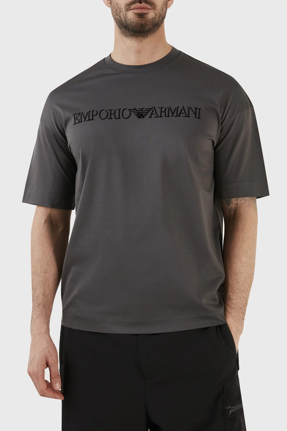 Emporio Armani Logolu Bisiklet Yaka % 100 Pamuk Regular Fit Erkek T Shirt 6L1TG1 1JSAZ 06A8 GRİ - 1