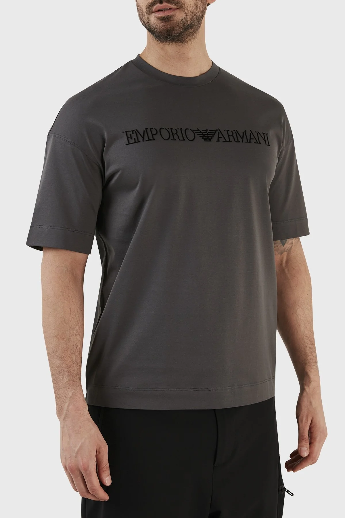 Emporio Armani Logolu Bisiklet Yaka % 100 Pamuk Regular Fit Erkek T Shirt 6L1TG1 1JSAZ 06A8 GRİ - 3