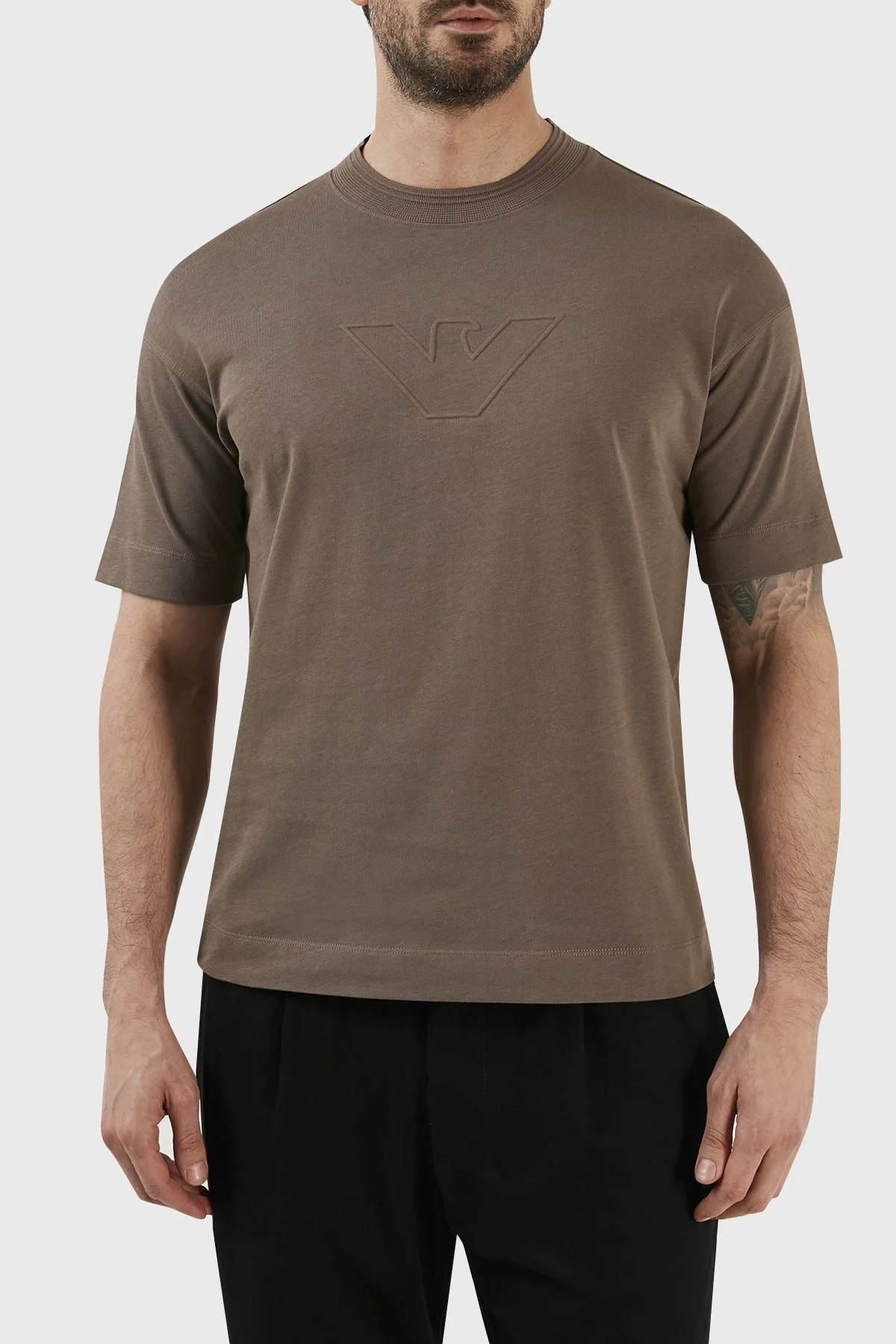Emporio Armani Logolu Bisiklet Yaka % 100 Pamuk Relaxed Fit Erkek T Shirt 3R1TU0 1JWZZ 0484 KAHVE - 1