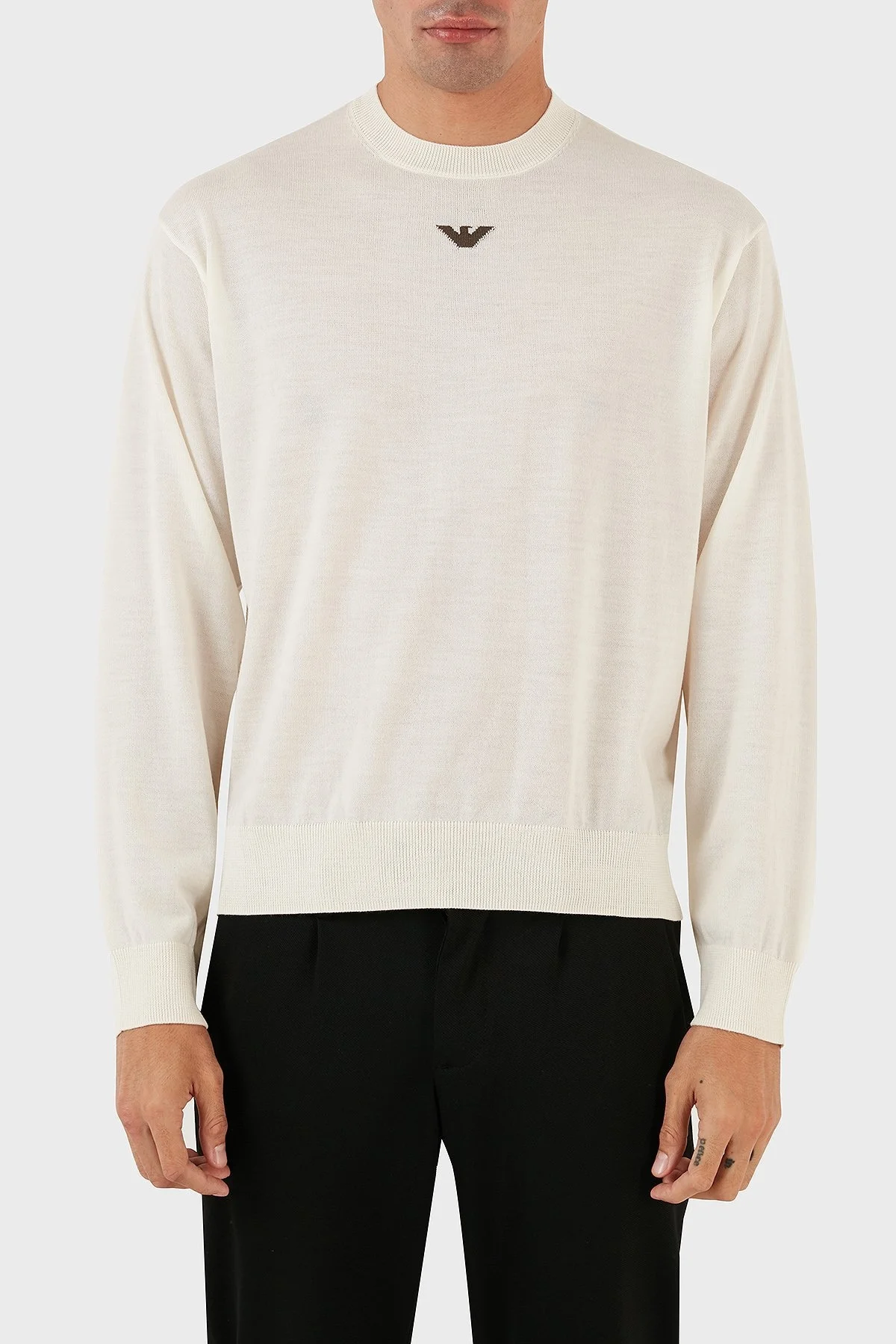 Emporio Armani Logolu Bisiklet Yaka Regular Fit % 100 Yün Erkek Kazak 6R1MXG 1MNGZ F1F4 EKRU - 1