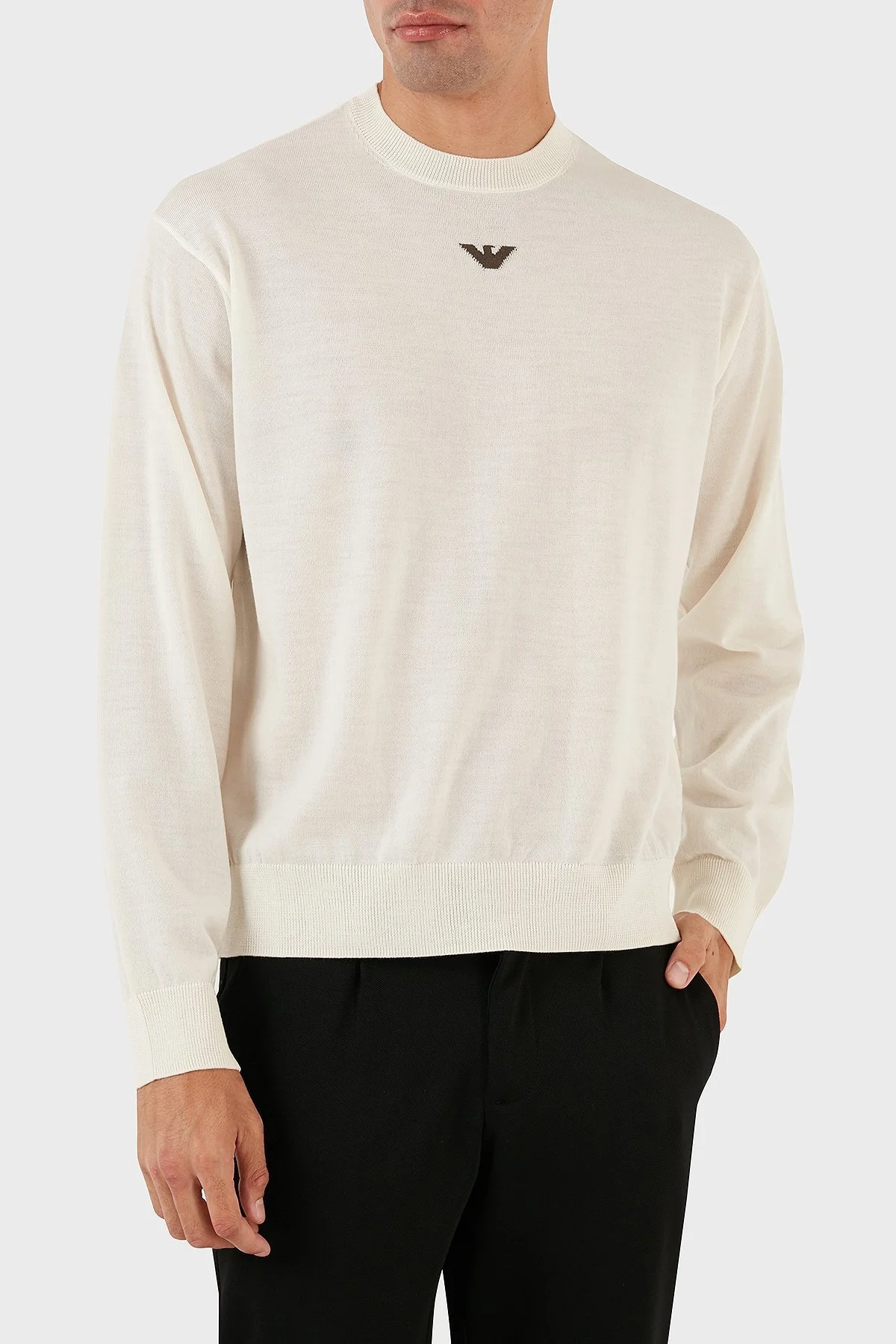 Emporio Armani Logolu Bisiklet Yaka Regular Fit % 100 Yün Erkek Kazak 6R1MXG 1MNGZ F1F4 EKRU - 2