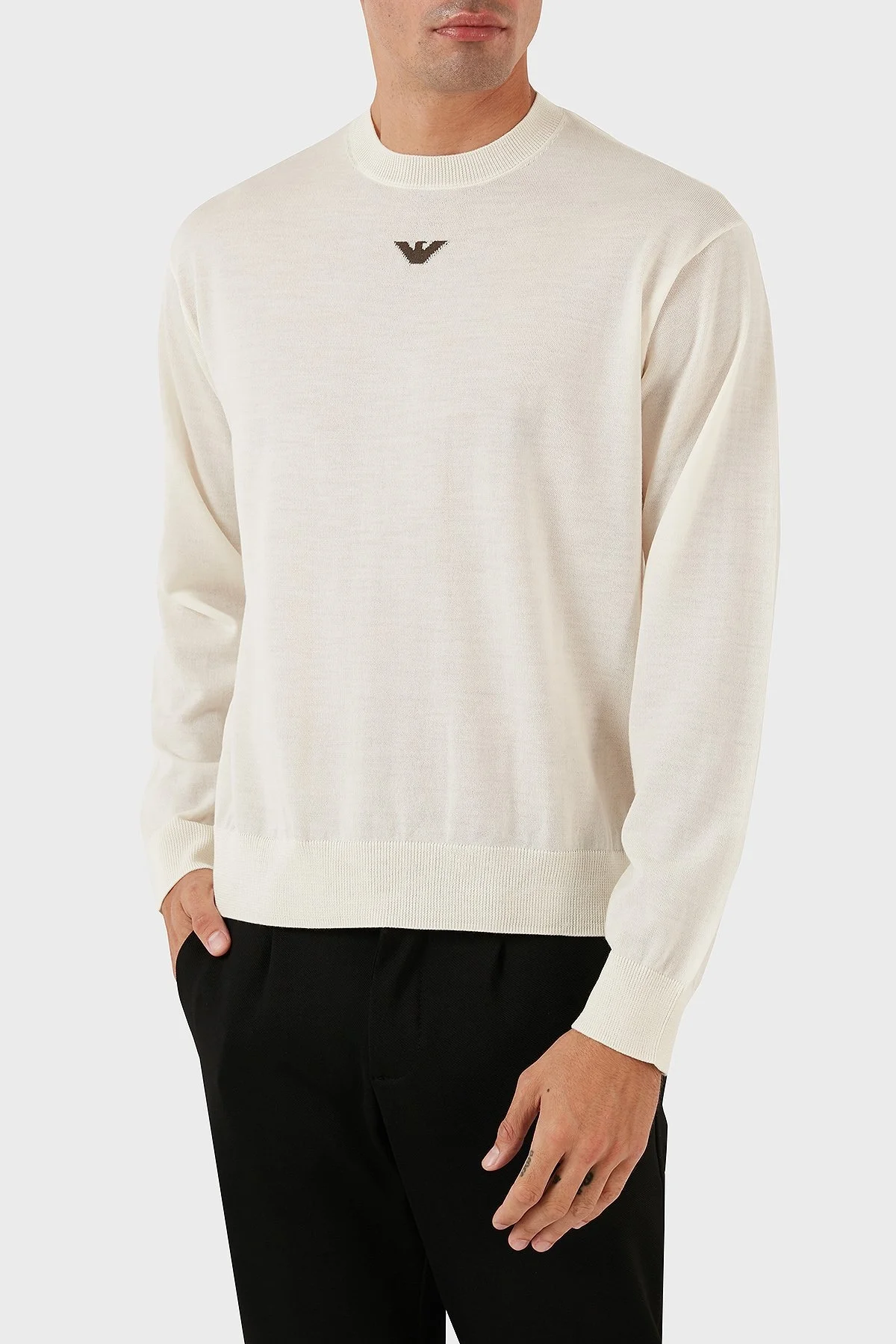 Emporio Armani Logolu Bisiklet Yaka Regular Fit % 100 Yün Erkek Kazak 6R1MXG 1MNGZ F1F4 EKRU - 6