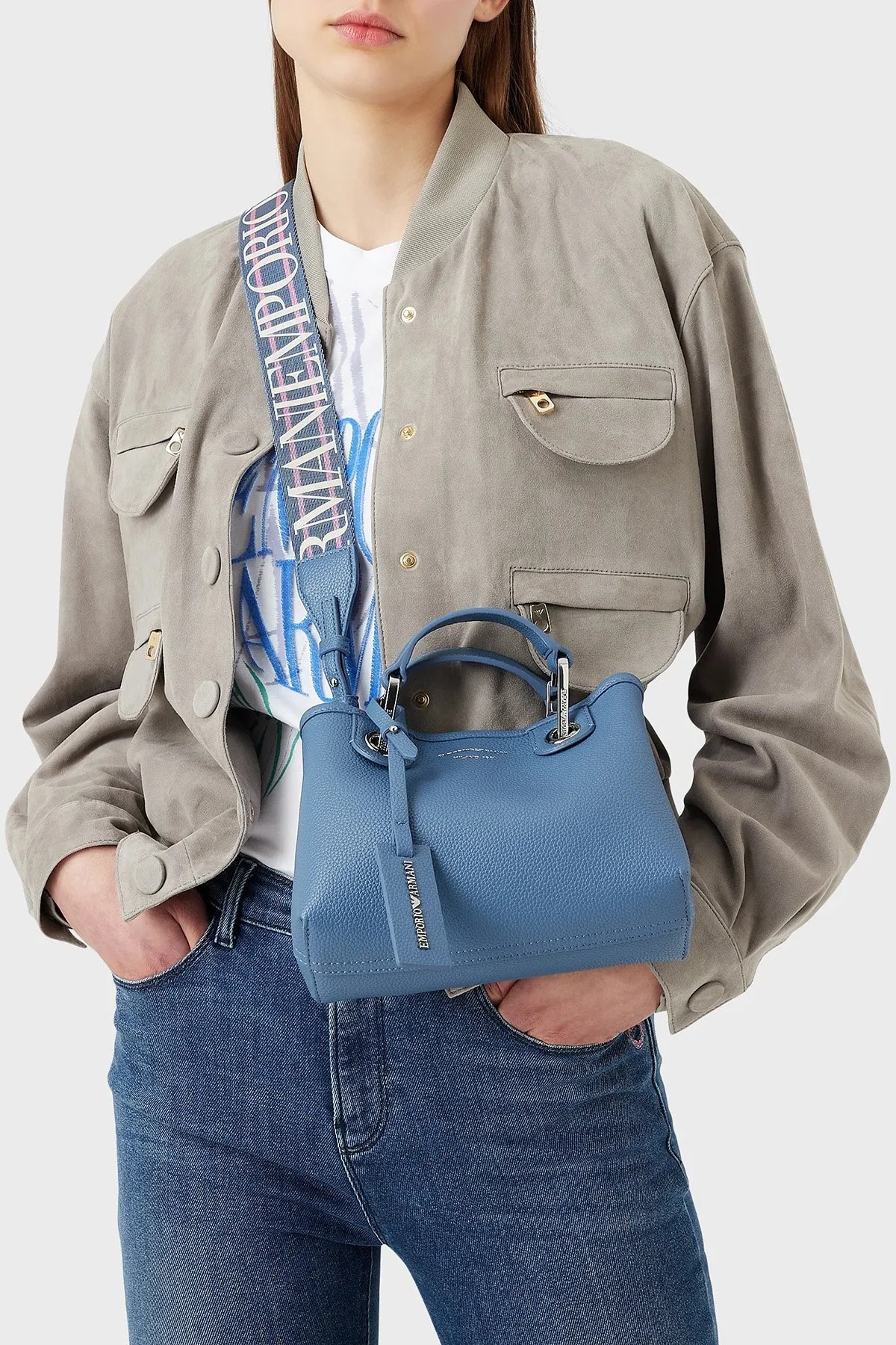 Emporio Armani Logolu Çıkartılabilir Omuz Askılı Bayan Çanta Y3D176 YFO5E 89587 MAVİ - 2
