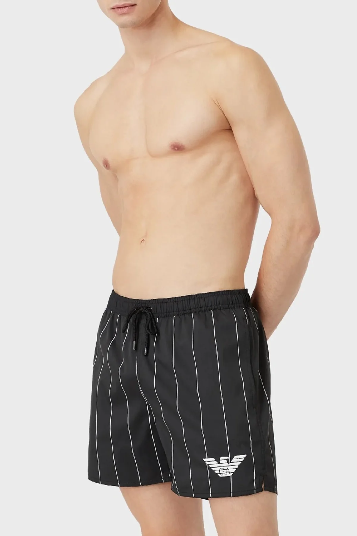 Emporio Armani Logolu Çizgili Deniz Şortu Regular Fit Belden Bağlamalı Erkek Mayo Short S 211740 2R442 22920 SİYAH - 1