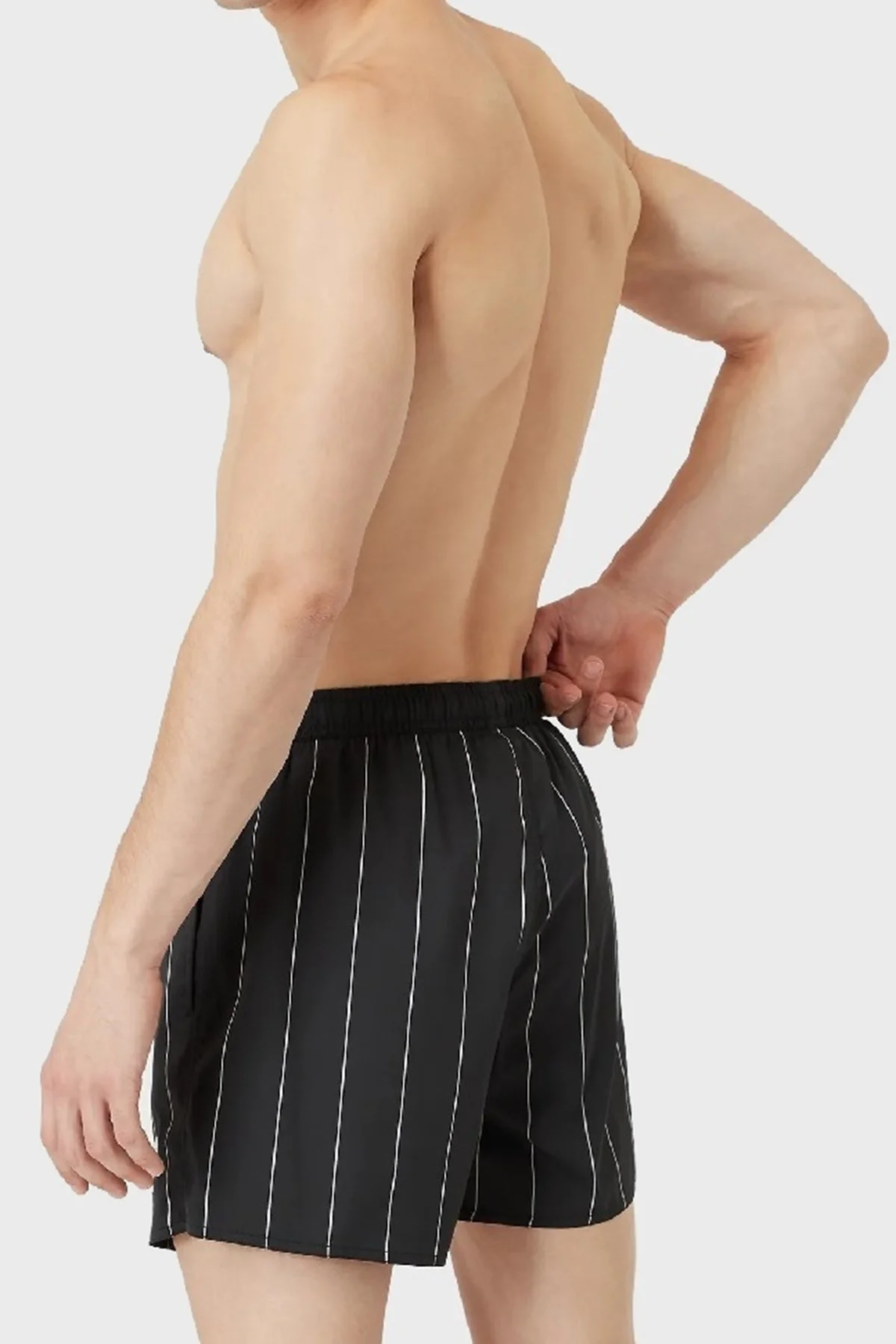 Emporio Armani Logolu Çizgili Deniz Şortu Regular Fit Belden Bağlamalı Erkek Mayo Short S 211740 2R442 22920 SİYAH - 2