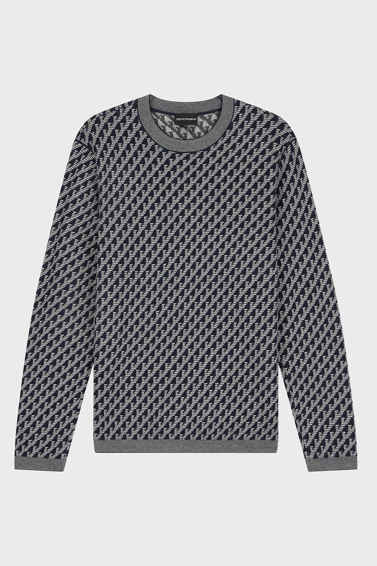 Emporio Armani Logolu Jakarlı % 100 Yün Bisiklet Yaka Erkek Kazak EM006360 AF27946 FB066 Lacivert - 1