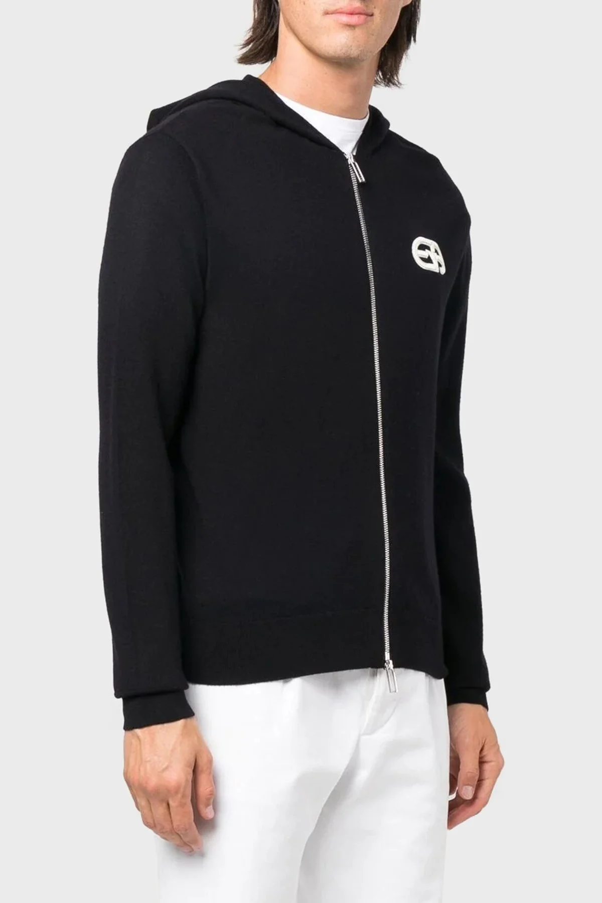 Emporio Armani Logolu Kapüşonlu Fermuarlı Slim Fit % 100 Yün Erkek Hırka 6L1MX6 1MWRZ 0920 LACİVERT - 1