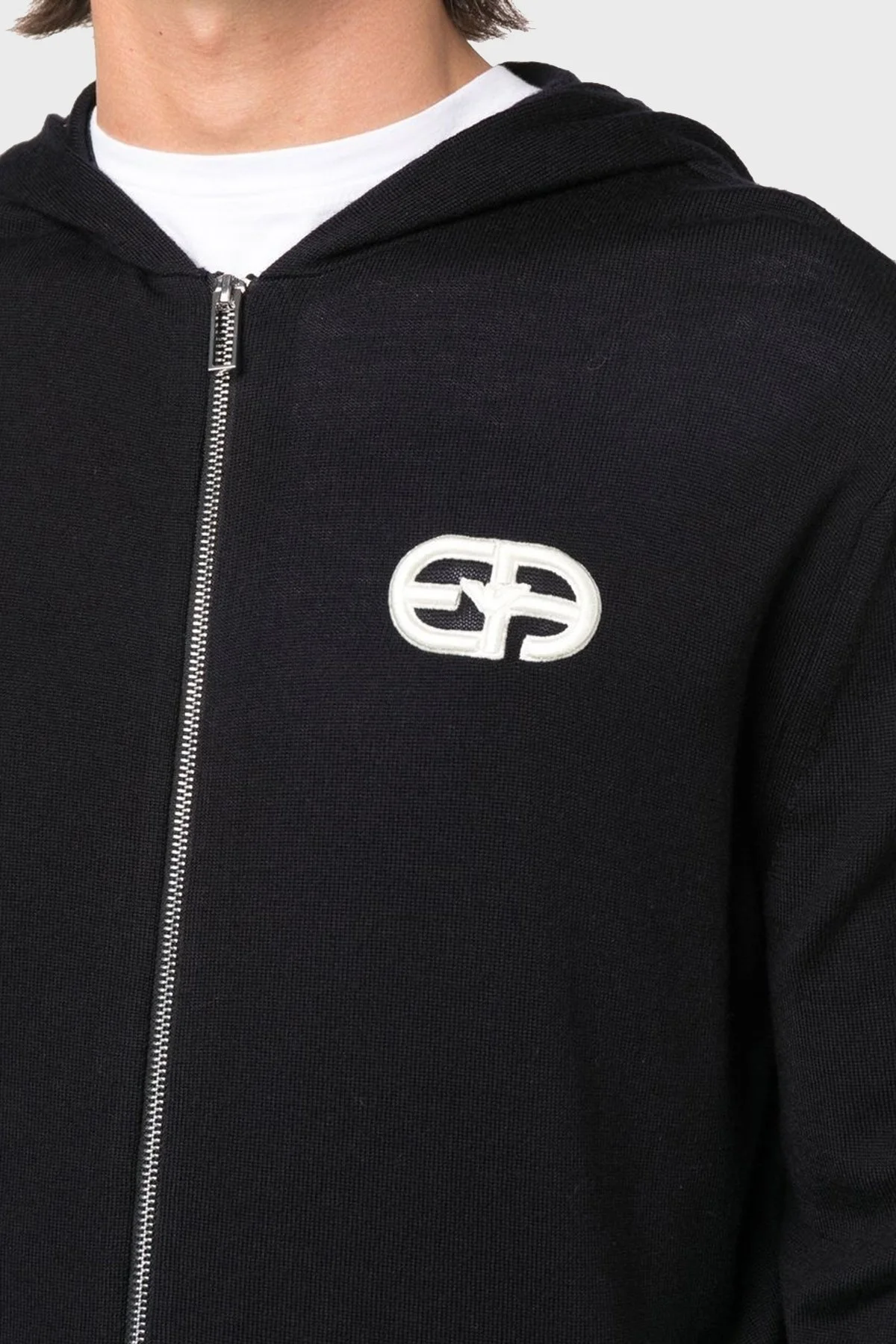 Emporio Armani Logolu Kapüşonlu Fermuarlı Slim Fit % 100 Yün Erkek Hırka 6L1MX6 1MWRZ 0920 LACİVERT - 3