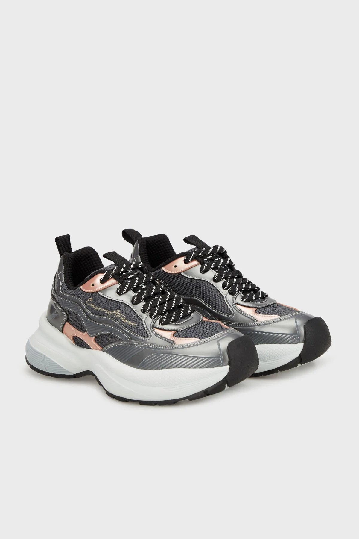 Emporio Armani Logolu Metalik Detaylı Kalın Taban Sneaker Kadın Ayakkabı EW003056 AF19766 M8254 Koyu Gri-Pembe - 3