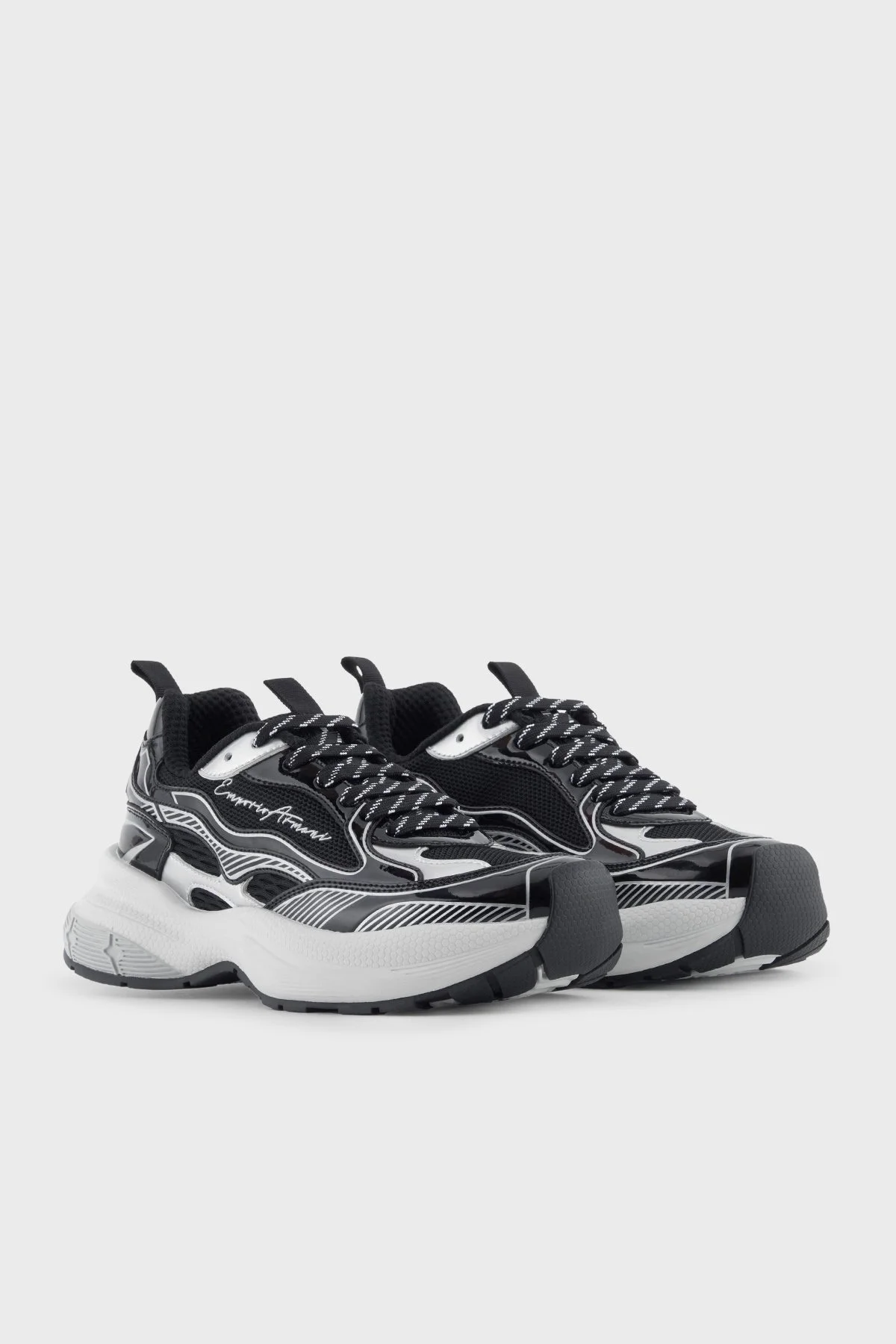 Emporio Armani Logolu Metalik Detaylı Kalın Taban Sneaker Bayan Ayakkabı EW003056 AF19766 MC372 SİYAH-GÜMÜŞ - 2