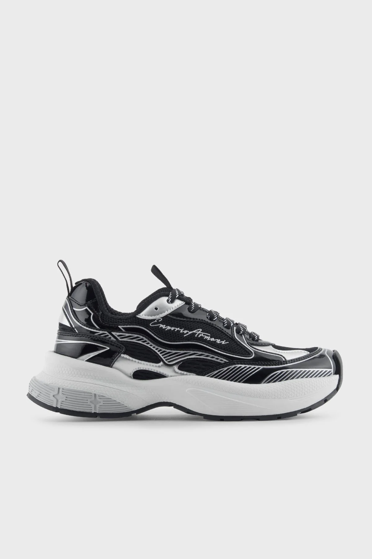 Emporio Armani Logolu Metalik Detaylı Kalın Taban Sneaker Kadın Ayakkabı EW003056 AF19766 MC372 SİYAH-GÜMÜŞ - 1