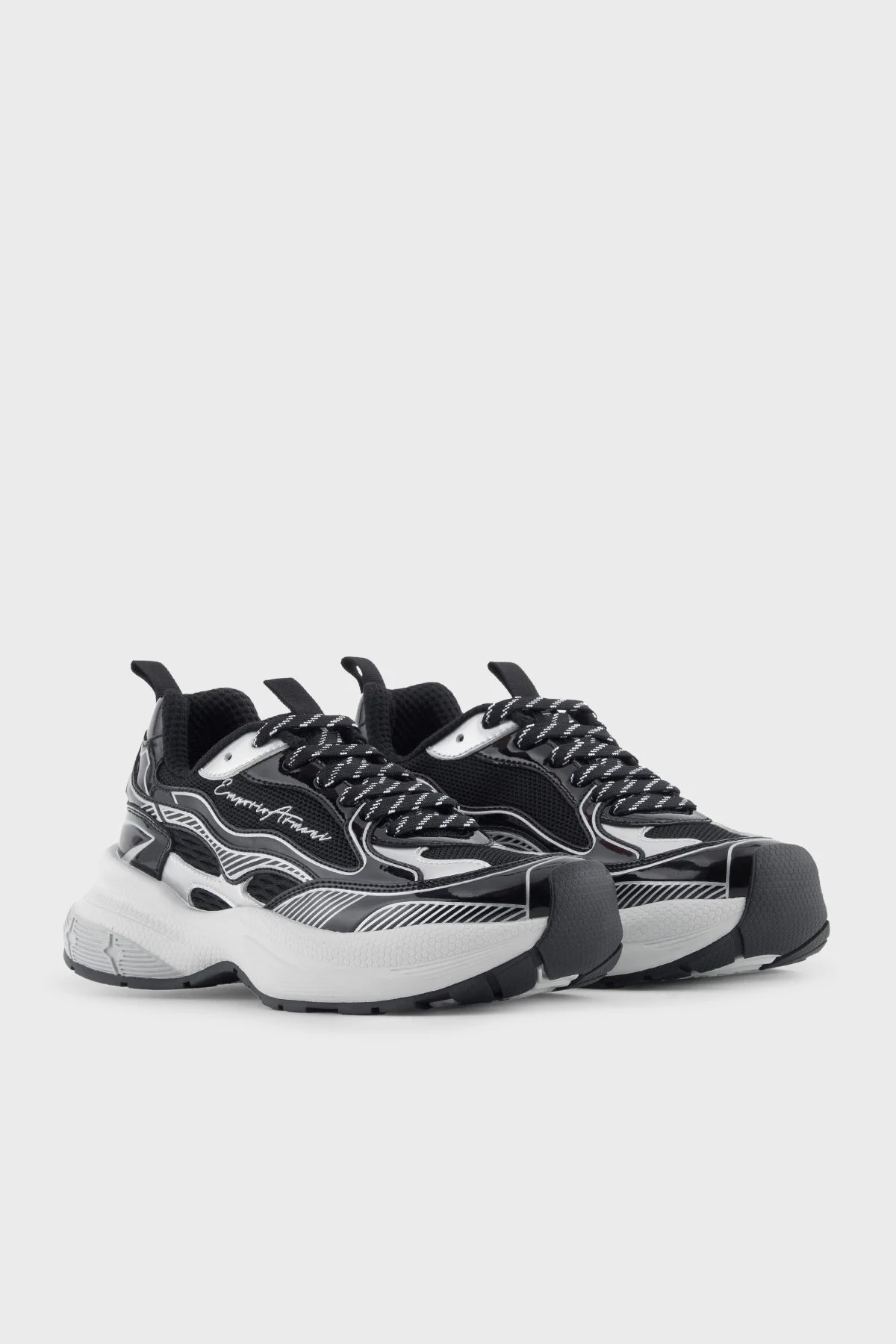Emporio Armani Logolu Metalik Detaylı Kalın Taban Sneaker Kadın Ayakkabı EW003056 AF19766 MC372 SİYAH-GÜMÜŞ - 2