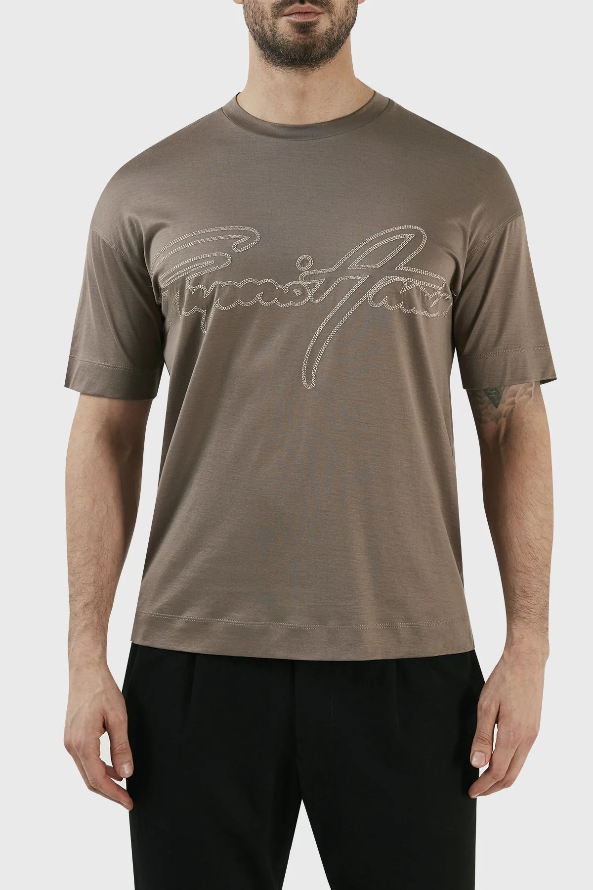 Emporio Armani Logolu Pamuk Karışımlı Bisiklet Yaka Regular Fit Erkek T Shirt 3R1TV2 1JUVZ 0440 TOPRAK - 1