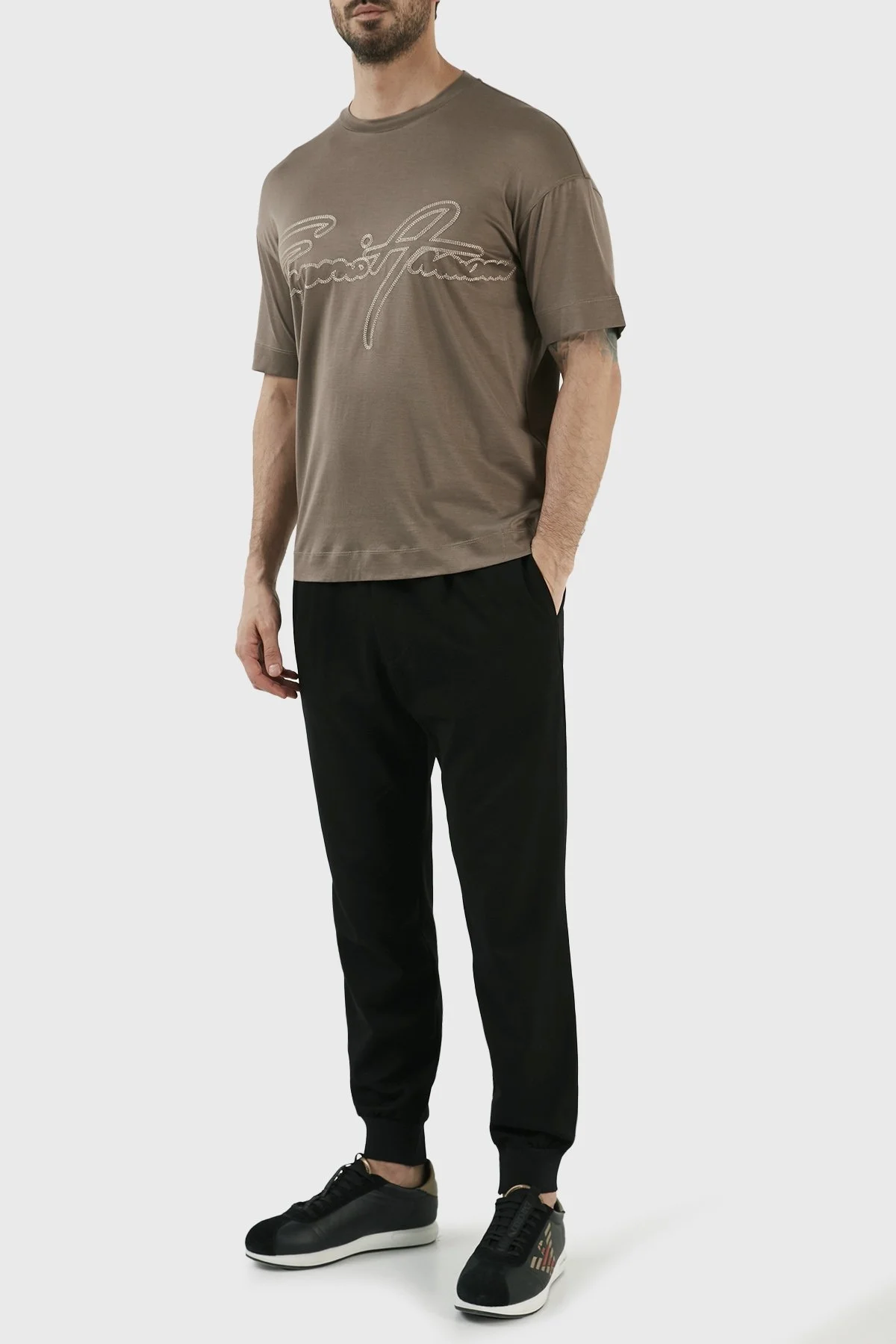 Emporio Armani Logolu Pamuk Karışımlı Bisiklet Yaka Regular Fit Erkek T Shirt 3R1TV2 1JUVZ 0440 TOPRAK - 3