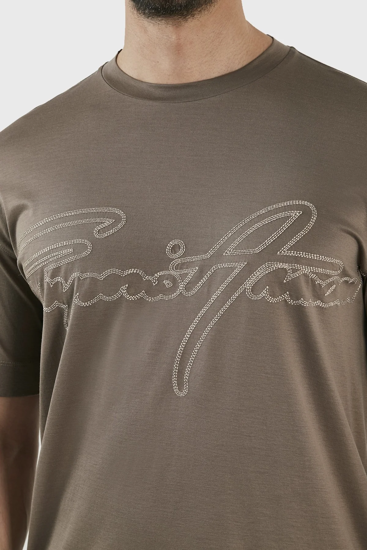 Emporio Armani Logolu Pamuk Karışımlı Bisiklet Yaka Regular Fit Erkek T Shirt 3R1TV2 1JUVZ 0440 TOPRAK - 4